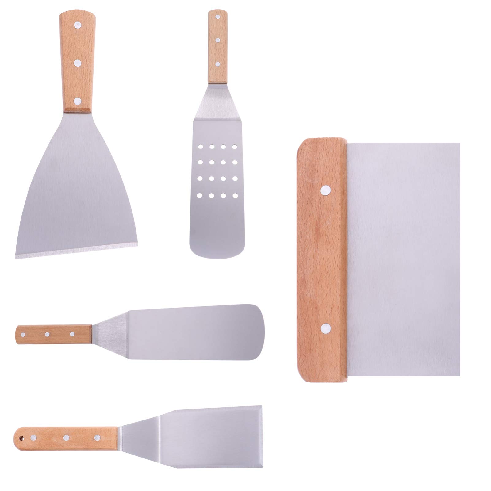 DOITOOL 5-Piece Stainless Steel Spatula Set with Wooden Handle - Heavy Duty Metal Griddle Accessories for Pizza, Steak, Pancakes - Perfect for BBQ, Camping & Home Kitchen Cooking