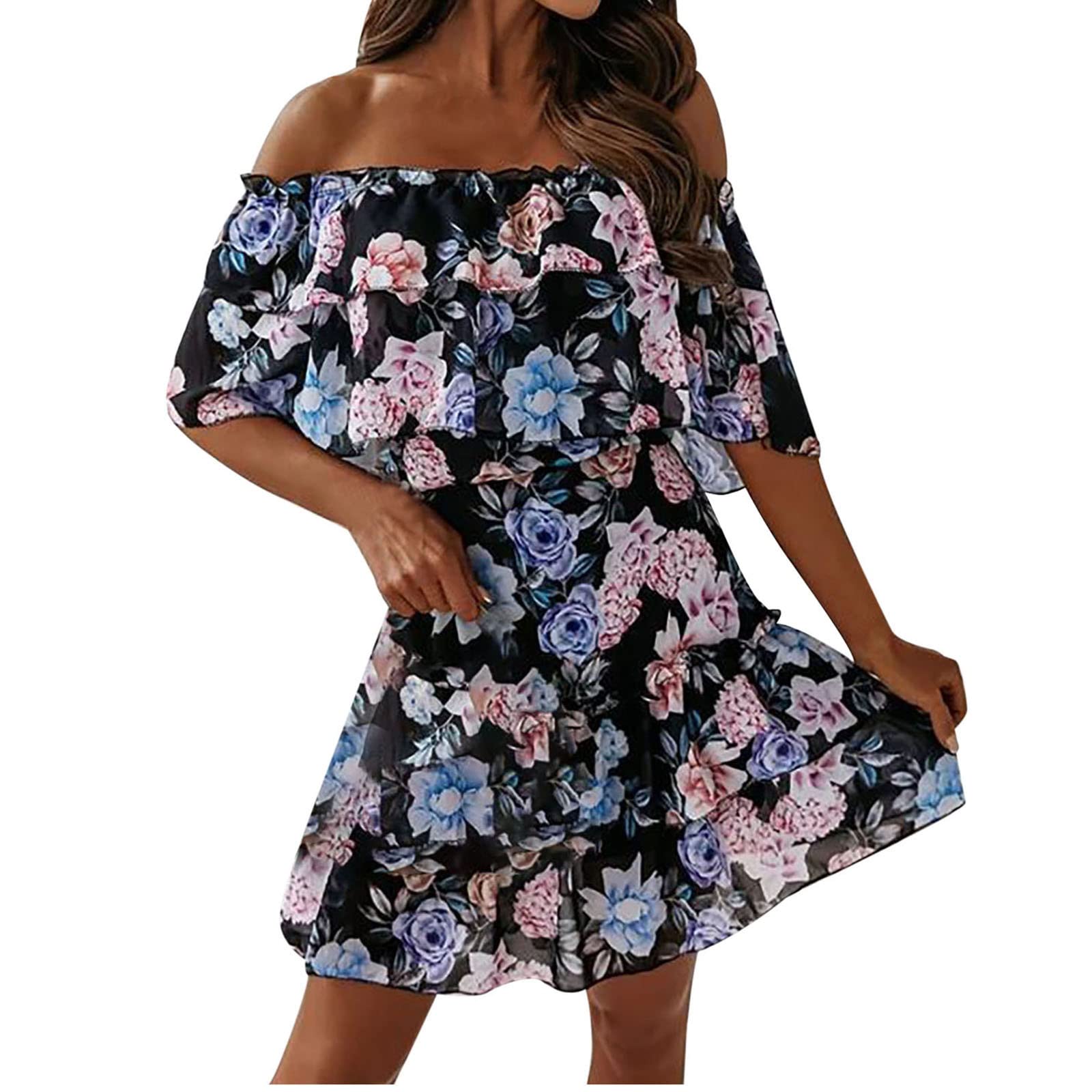 Pimelu Women's Sexy Off Shoulder Ruffles Summer Dress - Floral Print Tube Top Elastic Mini Dress for Beach Holiday & Casual Outings