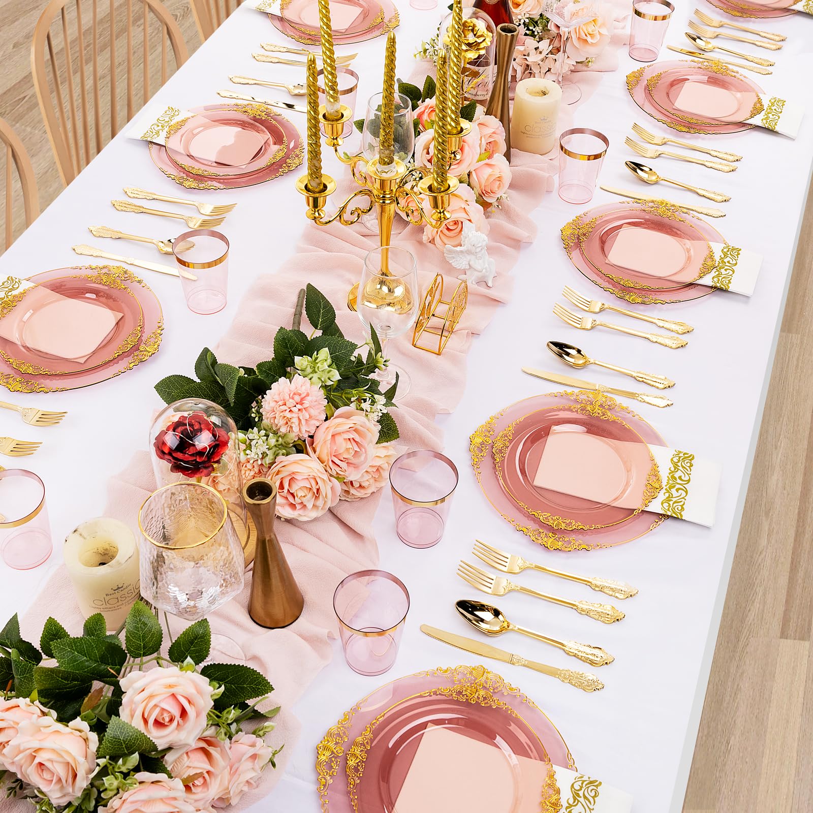 Hioasis 175-Piece Clear Burgundy Plastic Disposable Tableware Set - Includes 25 Dinner Plates, 25 Dessert Plates, 25 Knives, 25 Forks, 25 Spoons, 25 Cups & 25 Napkins - Perfect for Weddings, Parties, BBQs & Outdoor Events