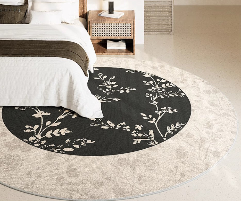Modern Round Area Rugs - Floral Pattern Circular Carpet for Dining Room, Living Room & Bedroom | Non-Slip Floor Mat Under Coffee Table | Boho Home Decor for Apartment & Office Spaces