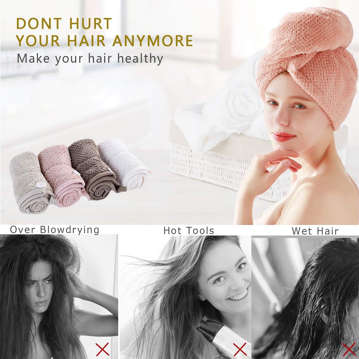 **Microfiber Hair Towel Wrap for Women - Super Absorbent Hair Turban for Curly, Long & Thick Hair - Quick Dry & Frizz Control (Pink & Khaki) - Perfect for Post-Shower, Salon & Travel Use**