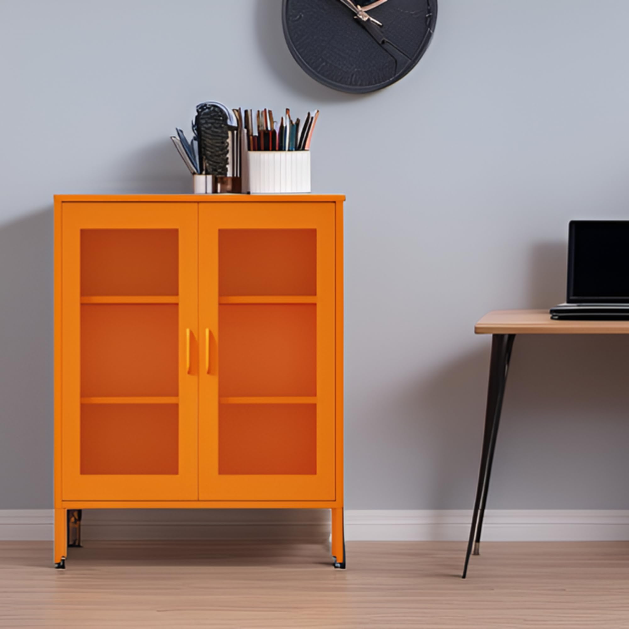 Steel Mesh Door Storage Cabinet with Adjustable Shelves - Metal Office Locker for Home, Garage & Workspace Organization (Orange)