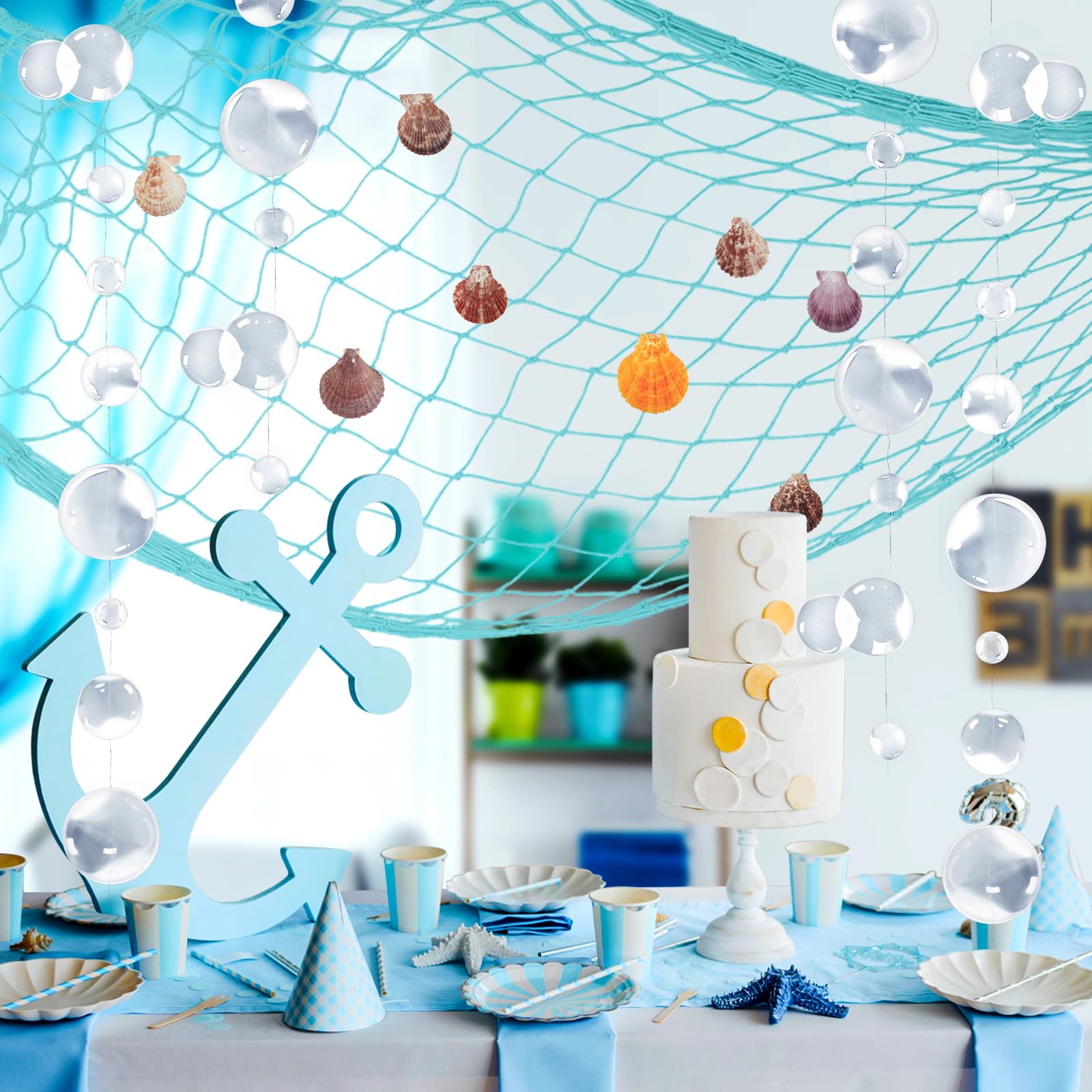 Nautical Party Decorations - Natural Cotton Fishnet with Shells & White Bubble Garlands for Pirate, Wedding, Birthday & Beach Theme Parties | Mermaid Decor, Sky Blue | Perfect for Coastal Weddings, Ocean-Themed Events & Summer Beach Parties