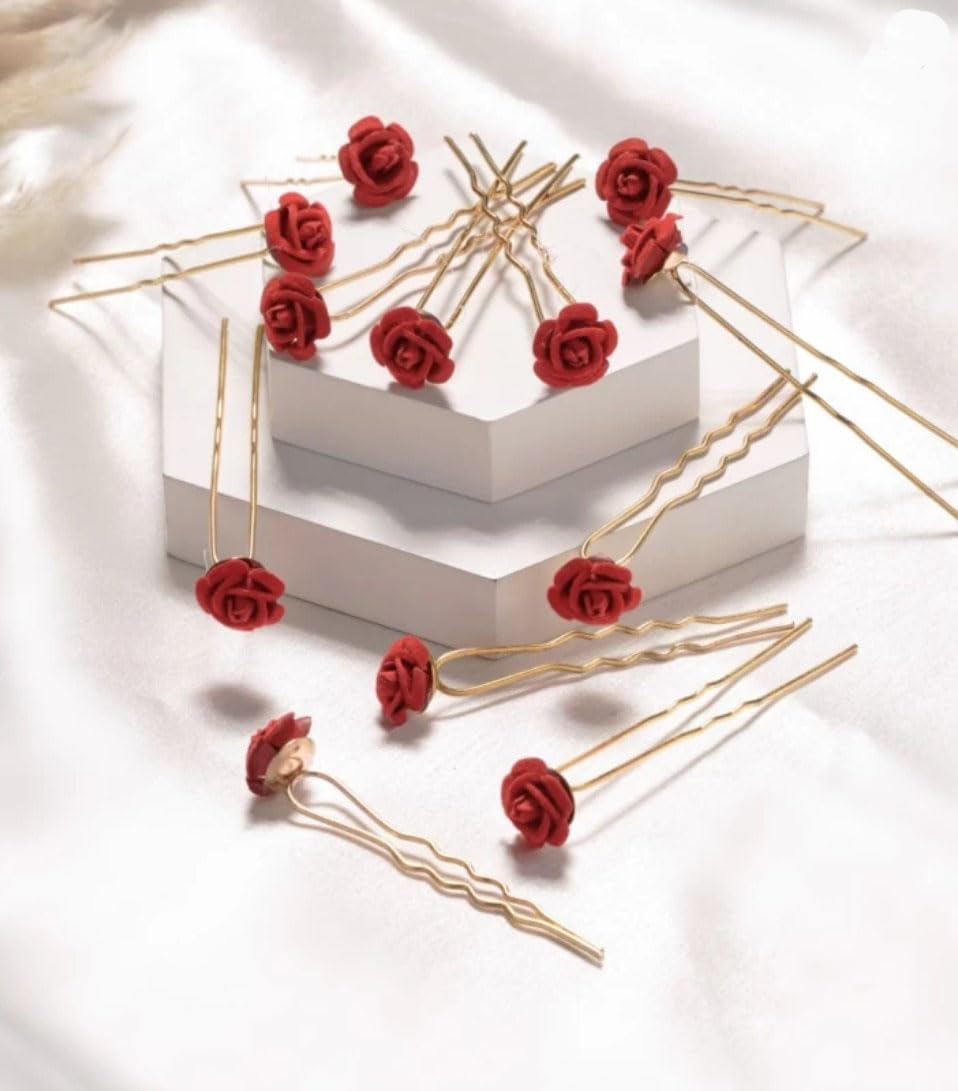 AK ICONIC FASHION Rose Juda Hair Pins - 12pcs Velvet Floral Hair Accessories for Women, Bridal Hair Decorations (Red) | Perfect for Weddings, Parties, and Everyday Elegant Styling
