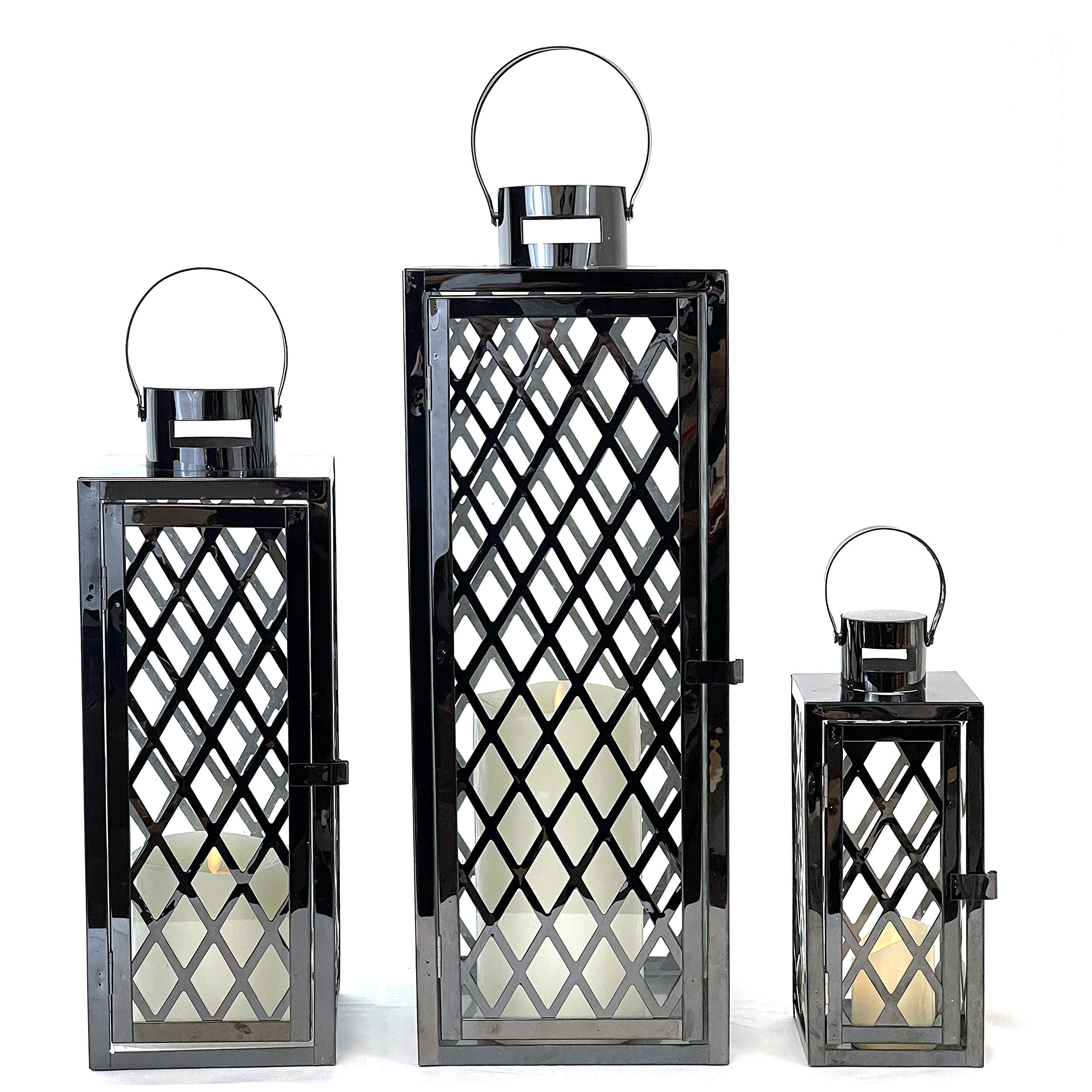 Allgala 3-Piece Jumbo Lantern Set - 23 Inch Modern Black Stainless Steel Rectangular Candle Lanterns with Lattice Grid & Tempered Glass - Indoor/Outdoor Decor for Garden, Poolside, Fireplace, Wedding & Patio Lighting