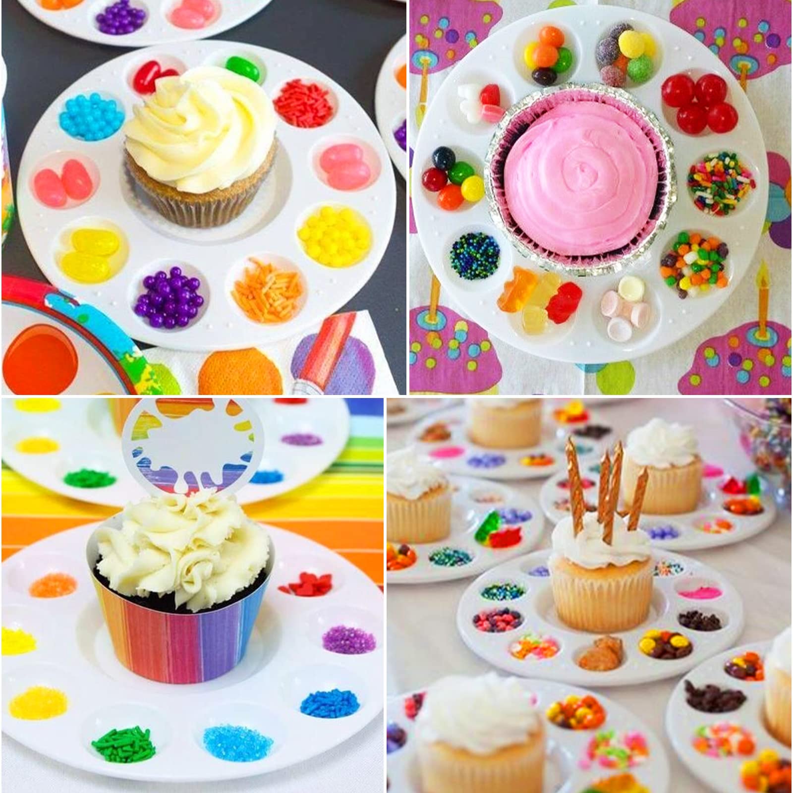 AIERSA 10-Piece Cupcake Decorating Plates Set for Kids Birthday Parties - Non-Slip Dessert Sprinkles Tray with 10 Wells - Fun Baking Supplies for Birthday Cakes, Cupcakes & Party Treats - Perfect for DIY Decorating, Classroom Activities & Family Baking Time