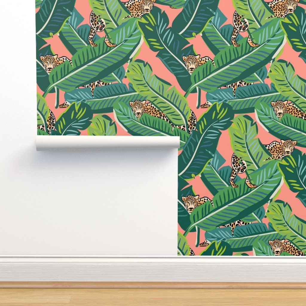 Peel & Stick Removable Wallpaper - Tropical Leopard Print with Banana Leaves in Bright Peach, Safari Tiger Design | Perfect for Nursery, Bedroom, Home Office & DIY Decor
