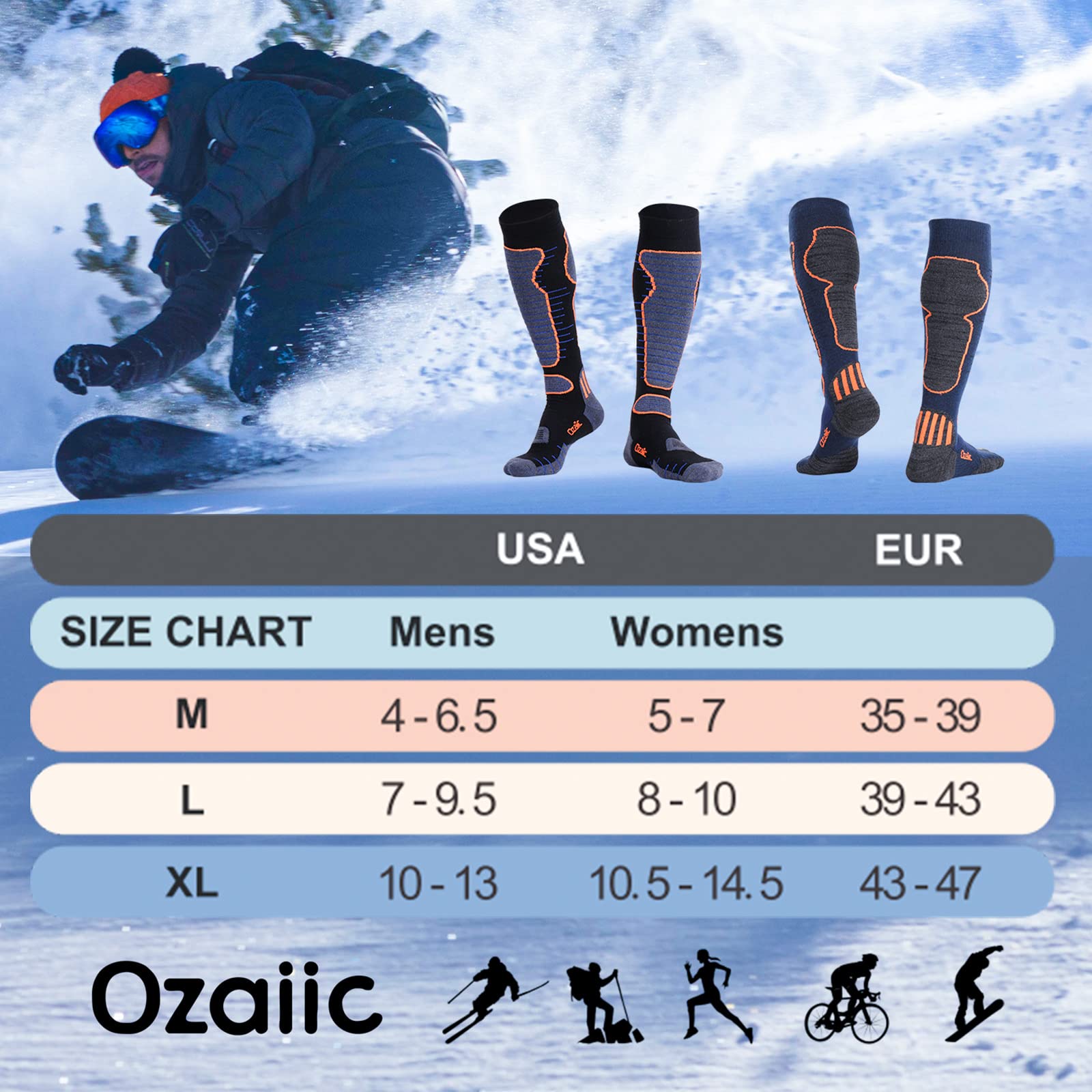 Merino Wool Ski Socks for Men & Women - 2 Pairs Warm Thermal Performance Socks for Skiing & Snowboarding