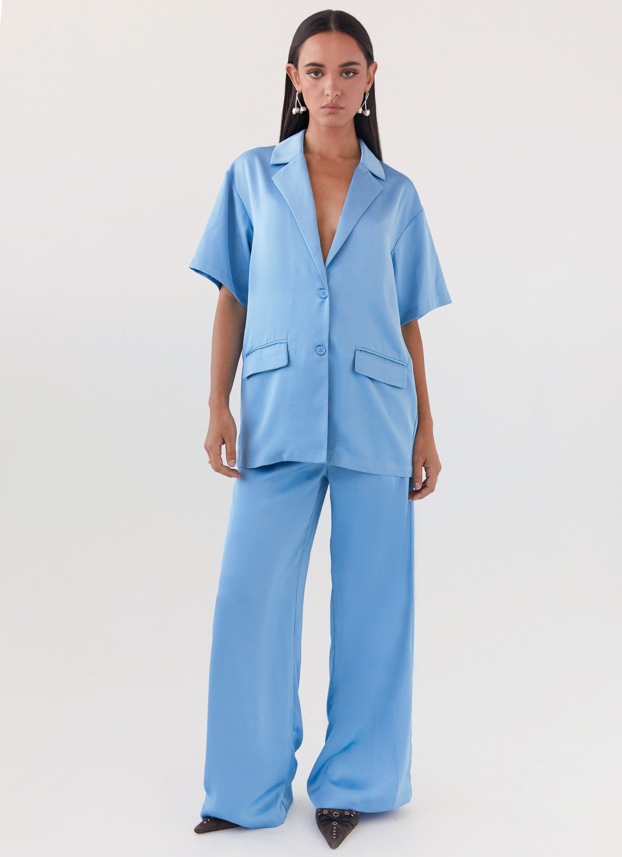 Brinkley Oversized Satin Shirt for Women - Sky Blue Button Down Blouse, Elegant Loose Fit Long Sleeve Top for Work, Office, and Casual Outings
