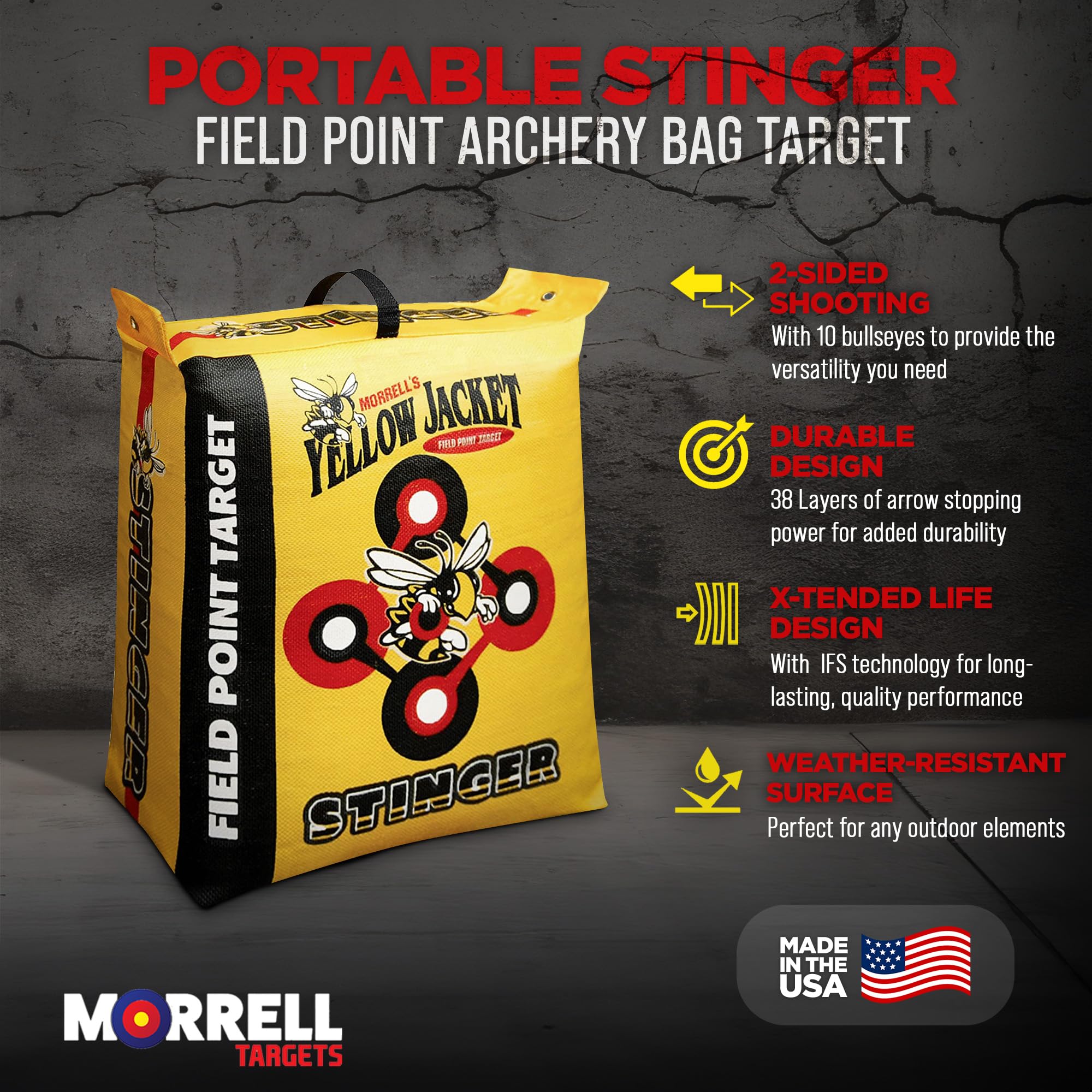 Morrell Yellow Jacket 19lb Portable Archery Target Bag - 2 Pack with 10 Bullseyes & Carry Handle for Outdoor Practice, Hunting Training & Backyard Shooting - Durable Dual-Sided Field Point Target (Yellow)