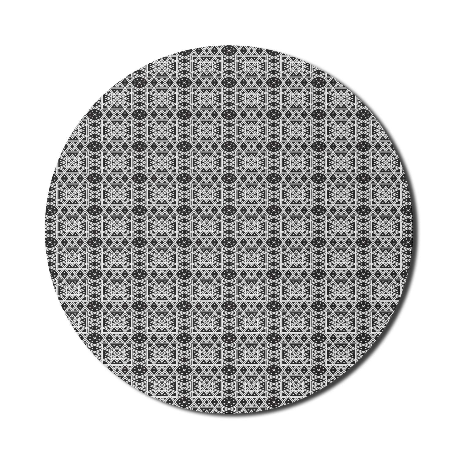 Ambesonne Traditional Round Mouse Pad - Medieval Geometric Ottoman Royal Oriental Design, Non-Slip Thick Rubber Base for Computer & Gaming, 8 Inch Black & White - Perfect for Office, Home & Gaming Setup