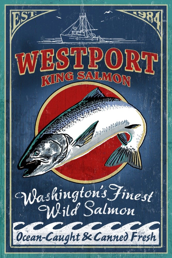 Westport King Salmon Vintage Sign - 36x54 Giclee Gallery Print, Travel Poster Wall Art Decor for Home, Office & Restaurant | Coastal Fishing Town Theme, Retro Style Wall Decor
