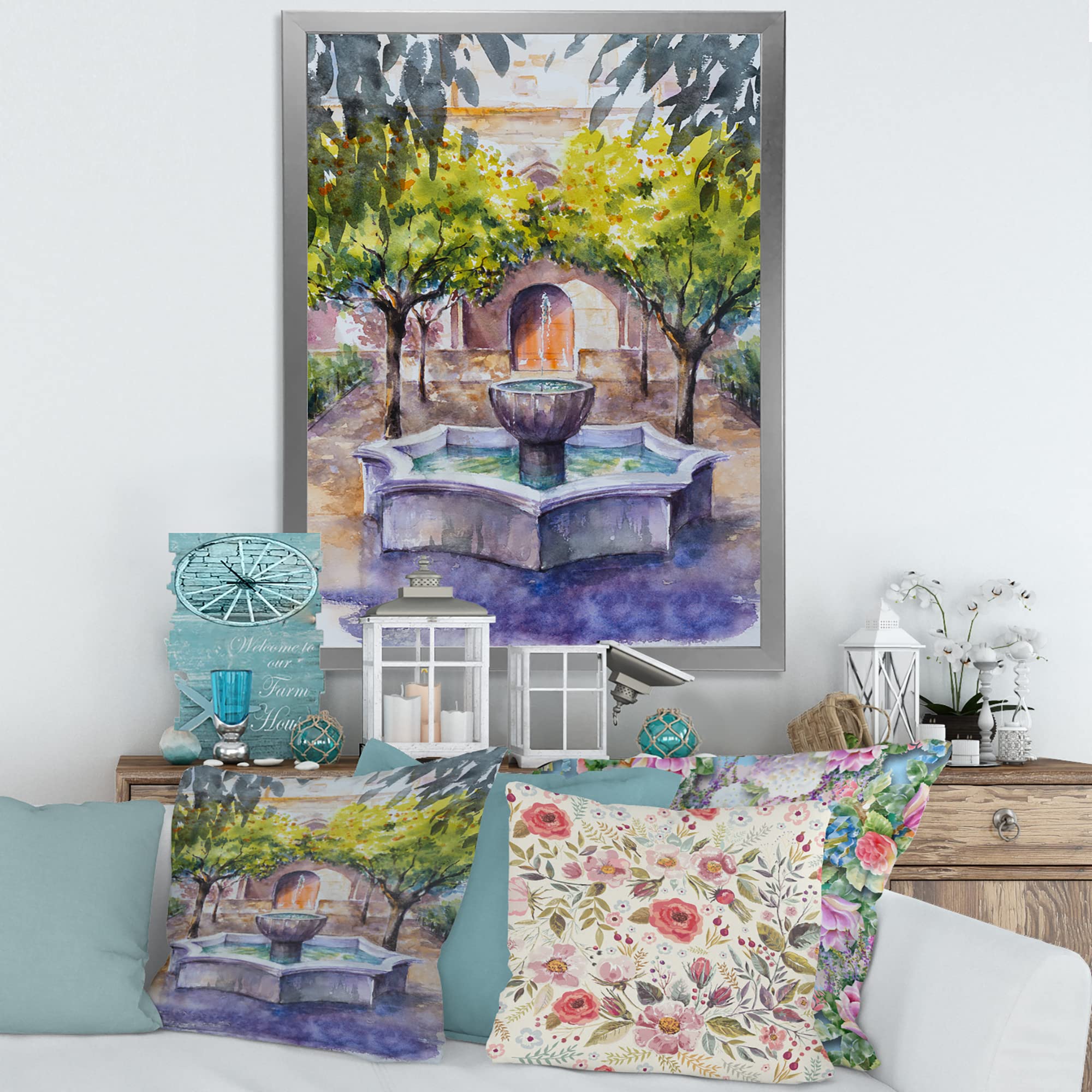 DesignQ Framed Wall Art - Small Village Country Fountain Picture with Trees - Perfect for Living Room, Bedroom & Office Decor