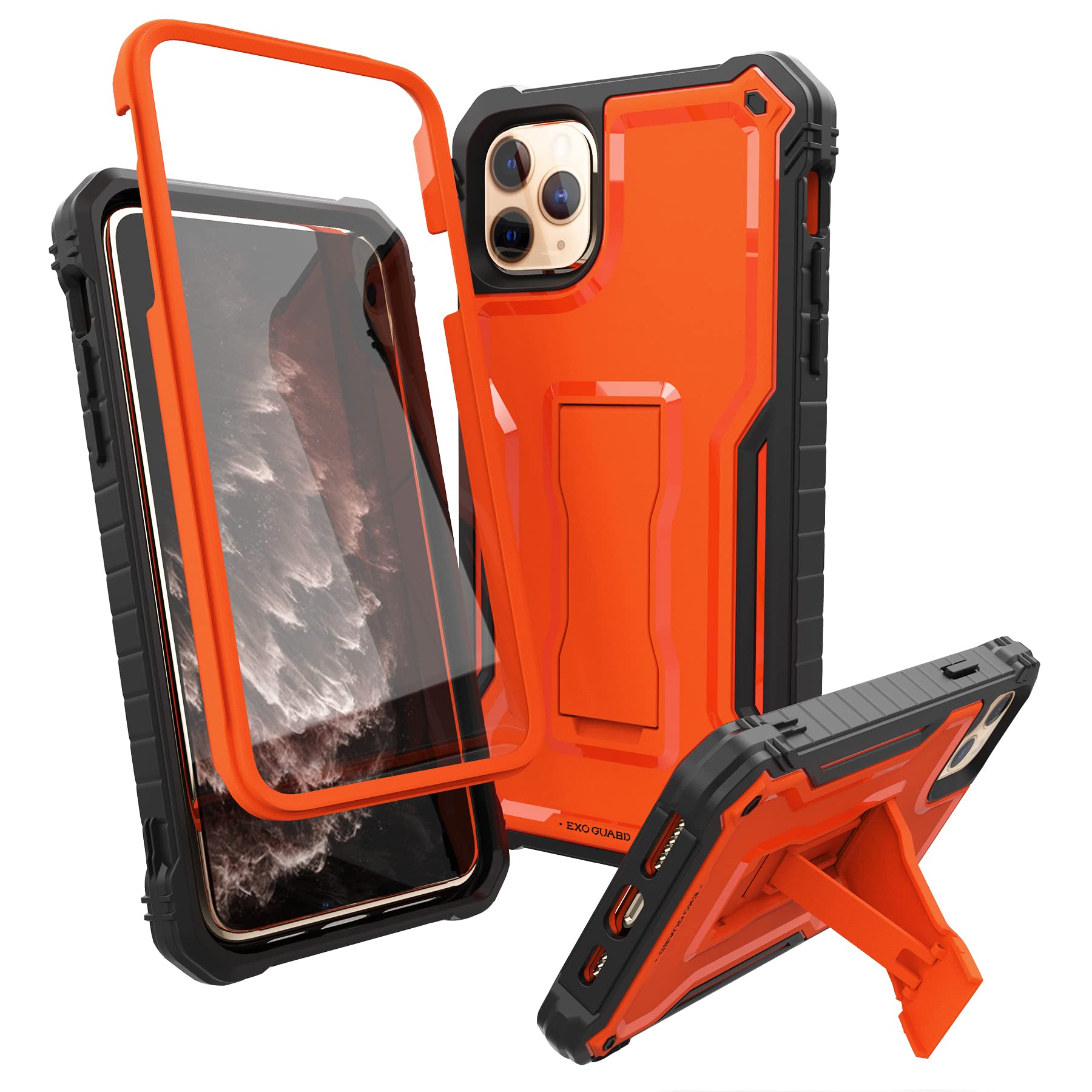 ExoGuard Shockproof Full-Body Case for iPhone 11 Pro Max - Rugged Protective Cover with Built-in Screen Protector & Kickstand (Orange) - Perfect for Outdoor Activities, Travel & Daily Protection