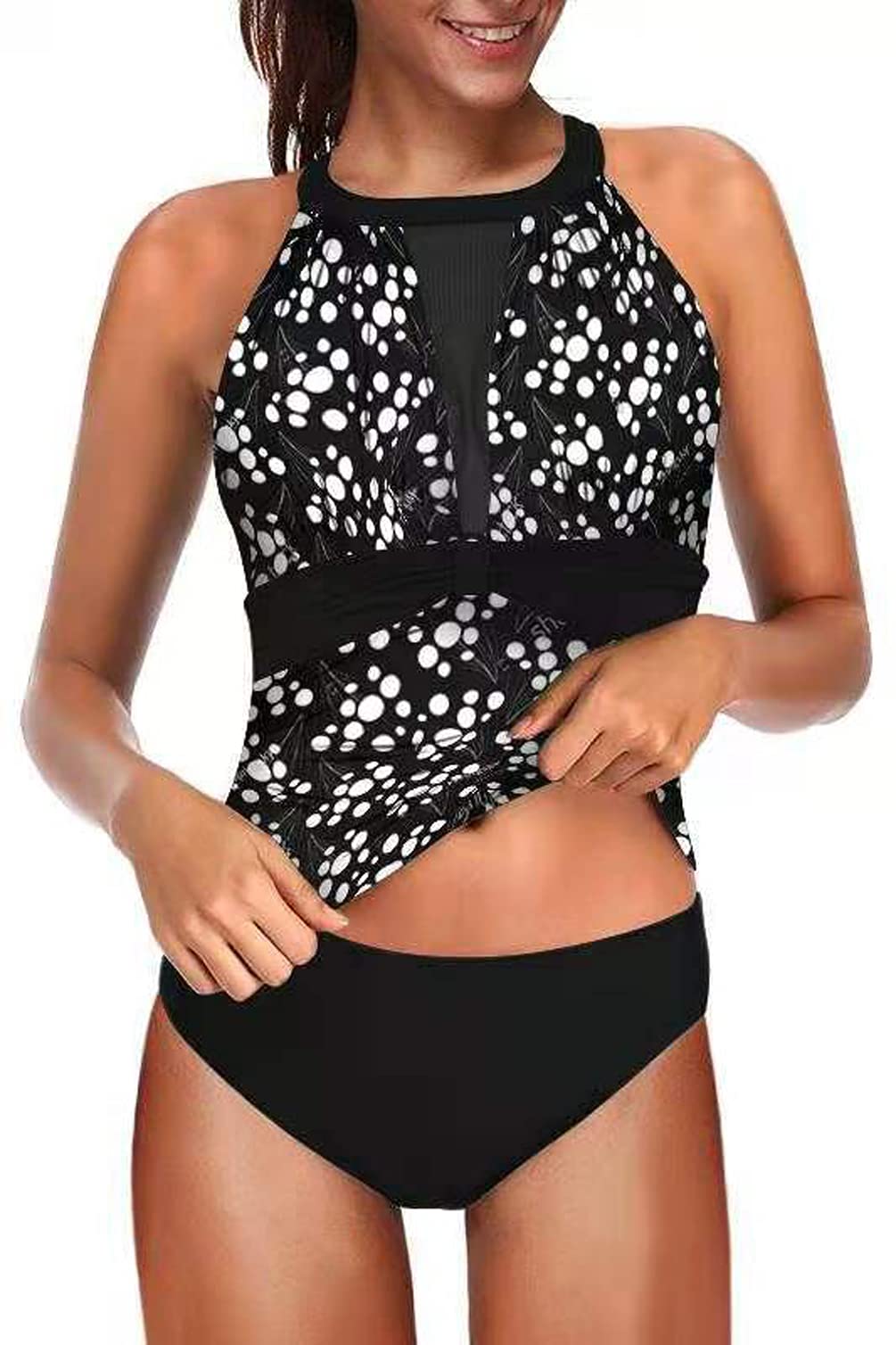 Eternatastic Women's High Neck Plunge Mesh Ruched Tankini Two Piece Swimsuit - Sexy Black Swimwear for Beach, Pool & Summer Vacation