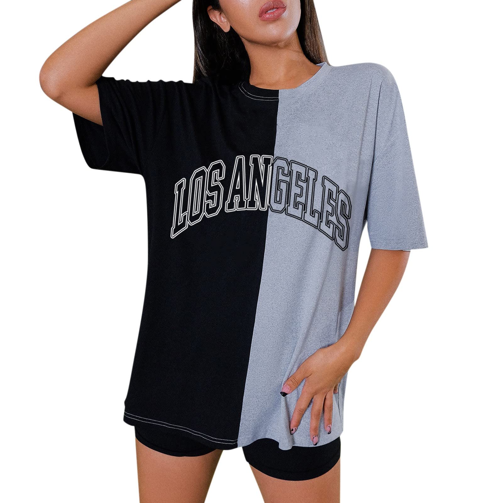 Vintage Color Block Oversized Graphic T-Shirts for Women - Cute Casual Short Sleeve Tops - Perfect for Streetwear, Los Angeles Outings & Everyday Comfort