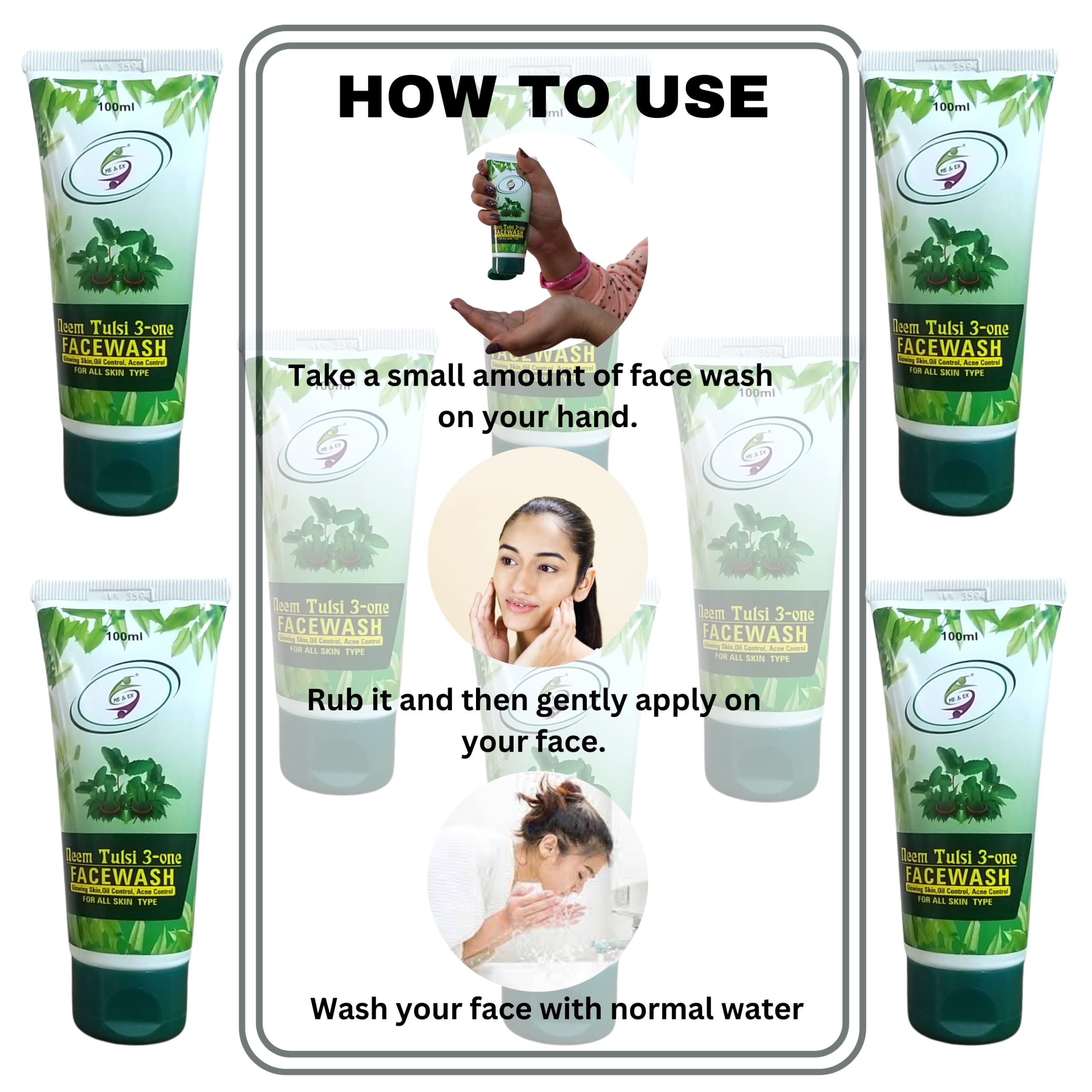 Me & Ex Neem Tulsi 3-in-1 Anti-Aging Face Wash for Glowing Skin | Oil Control & Acne Treatment | 100ml (Pack of 2) | Daily Cleanser for Oily & Acne-Prone Skin | Morning & Night Skincare Routine