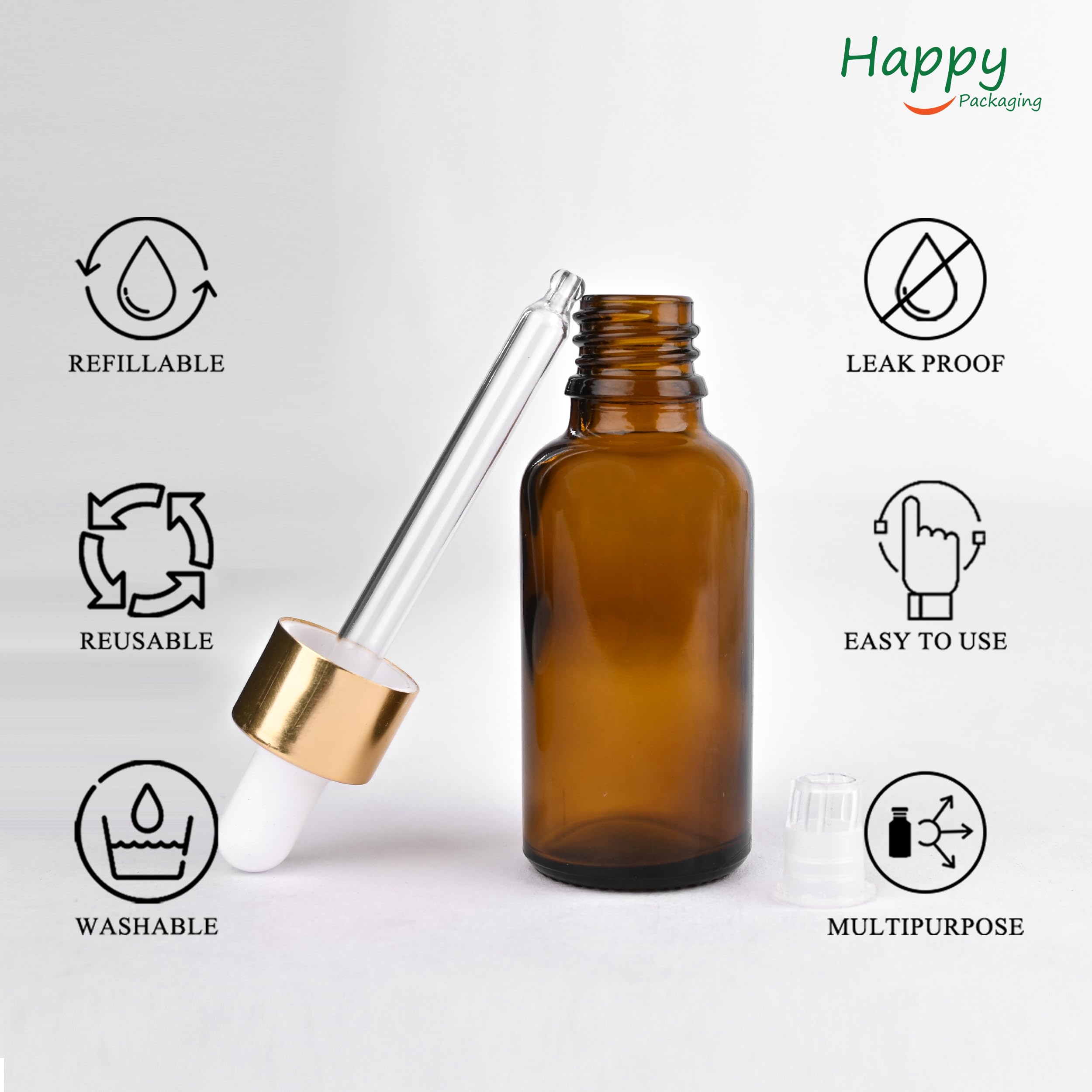 Happy Packaging 30ML Amber Round Empty Glass Bottle with Glass Dropper & Gold Sleeve - Leak Proof Refillable Essential Oil Bottles for DIY Perfumes, Serums, Aromatherapy - Perfect for Home, Spa, and Travel Use