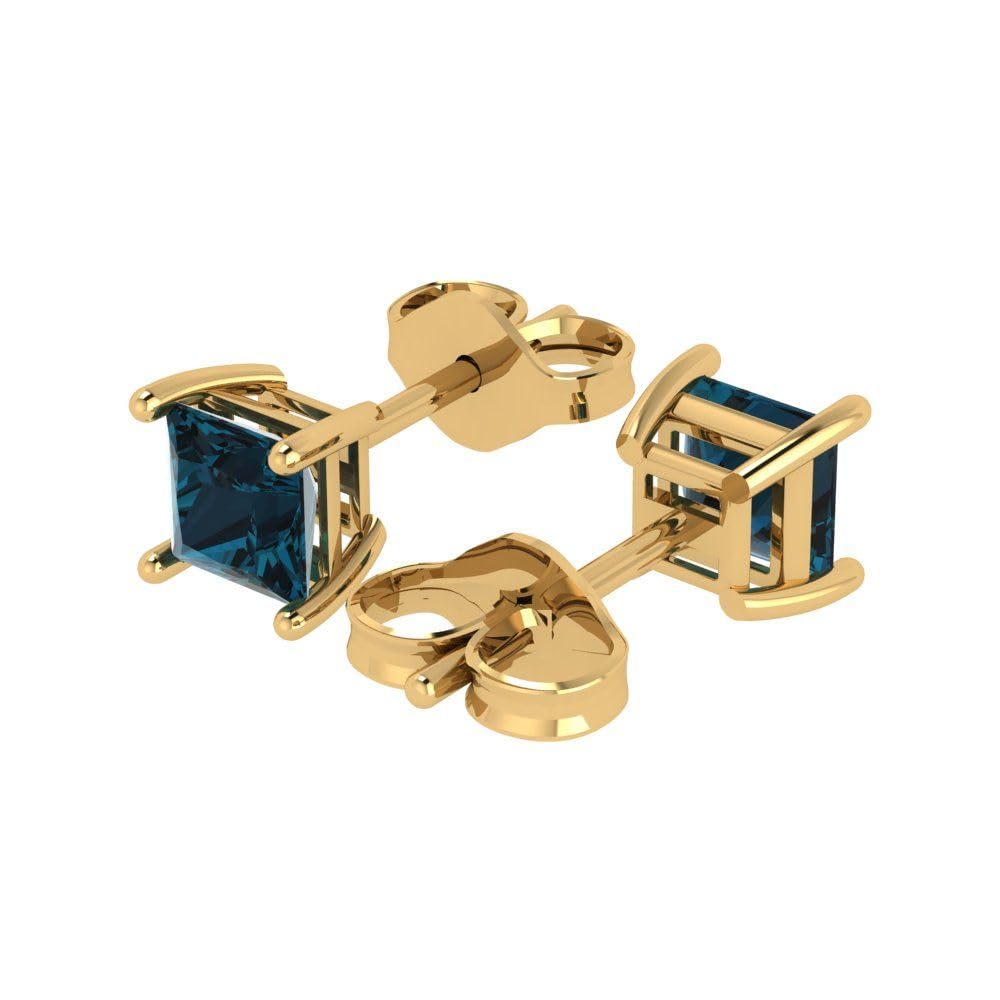 1.94cttw Princess Cut Natural London Blue Topaz Stud Earrings in 14K Yellow Gold - Push Back Closure, Anniversary Gift for Her - Perfect for Weddings, Parties & Special Occasions