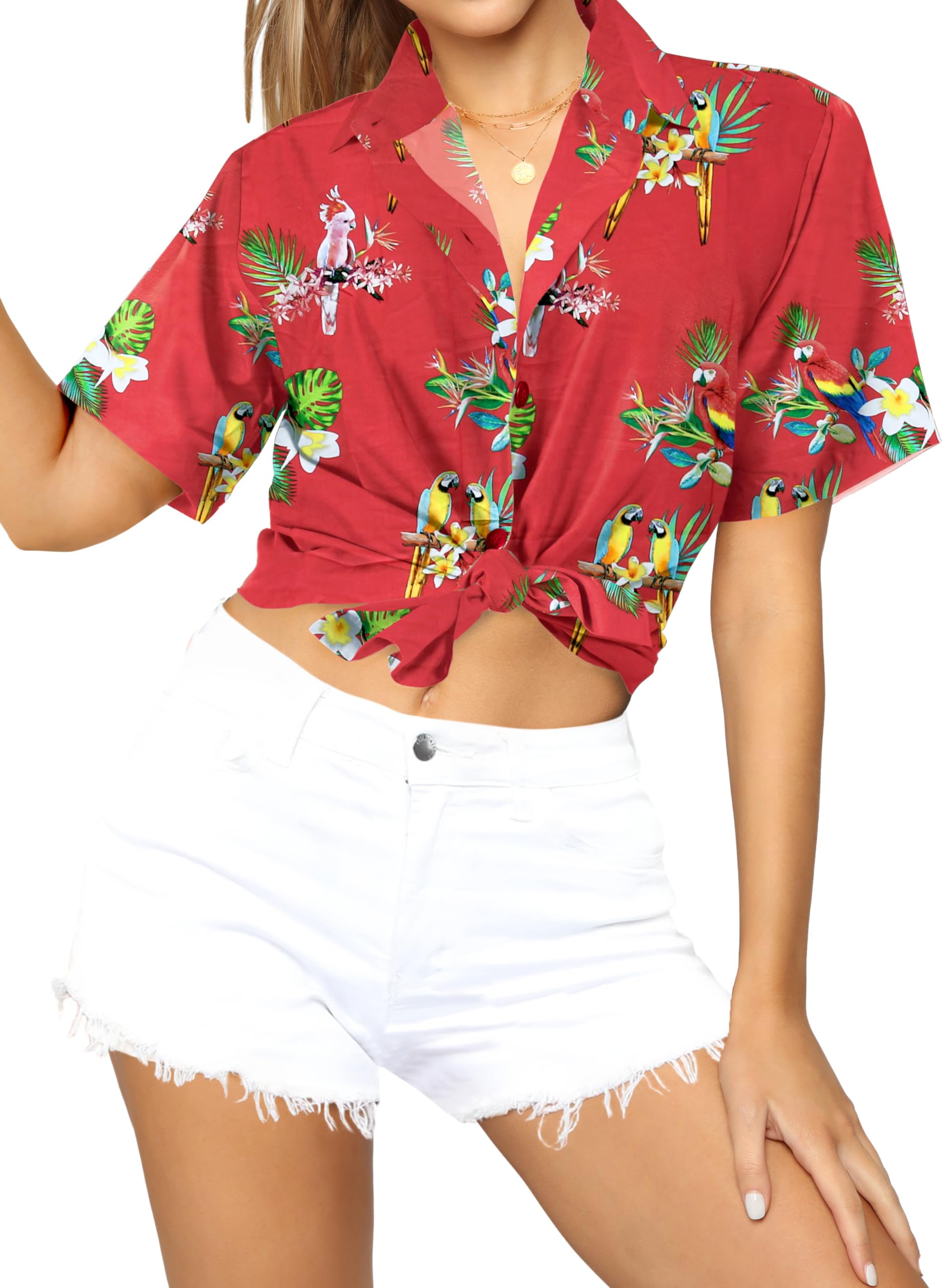 LA LEELA Women's Short Sleeve Hawaiian Shirt - Floral Print Vacation Blouse for Beach, Summer & Tropical Outfits
