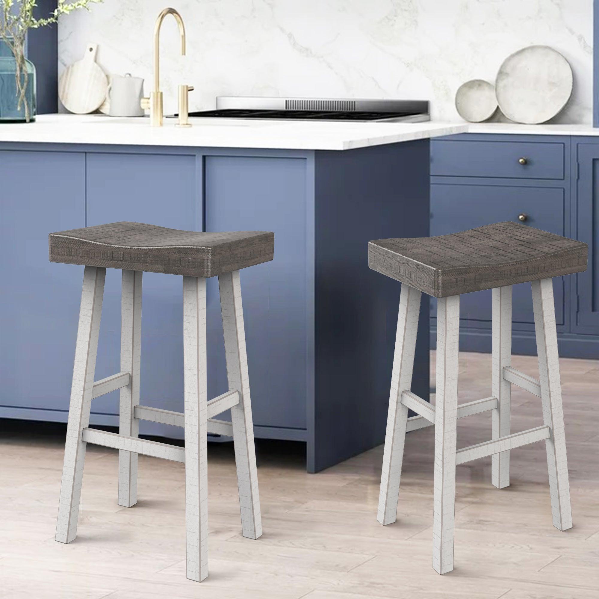 Set of 2 Farmhouse Solid Wood Bar Stools - Backless Saddle Seat Counter Height Chairs for Kitchen Island, Breakfast Nook & Home Office - Perfect for Rustic Decor, Dining & Small Space Living