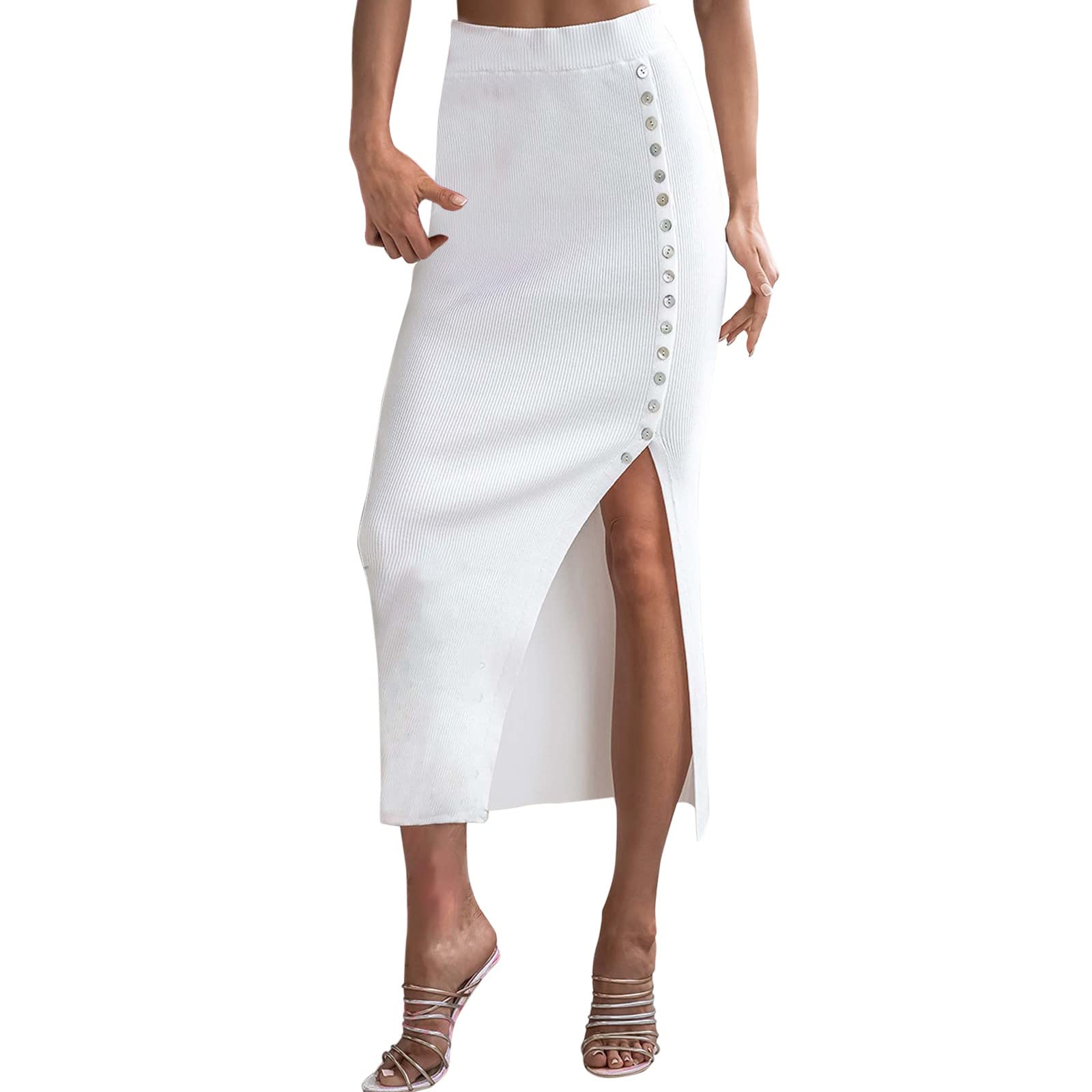Elegant Women's High Waisted Pencil Midi Skirt - Lettuce Trim Tulle Skirt in White | Perfect for Office Wear, Cocktail Parties & Special Occasions