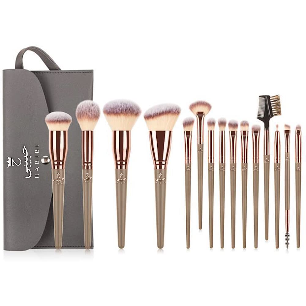 Professional 15-Piece HABIBI Makeup Brush Set with Pouch - Soft, Durable & Easy to Hold for Flawless Foundation, Blending & Contouring - Perfect for Travel, Home & Professional Makeup Artists
