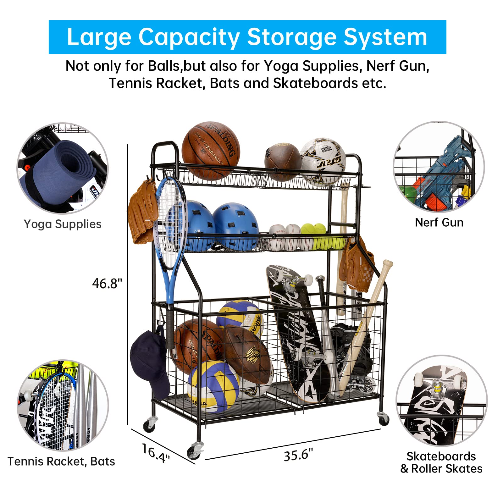 Garage Sports Equipment Organizer - Heavy Duty Steel Ball Storage Rack & Toy Organizer with Wheels for Nerf Guns, Basketballs, Soccer Balls - Perfect for School Gym, Playroom & Garage Storage (Black)