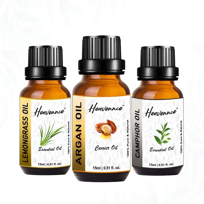 Heavennce Argan Oil, Camphor Oil & Lemongrass Oil Combo Set - Vitamin E Enriched Anti-Aging Skin & Hair Moisturizer - 3 Pack (45ml Each) - Perfect for Daily Skincare Routine, Hair Treatment & Aromatherapy