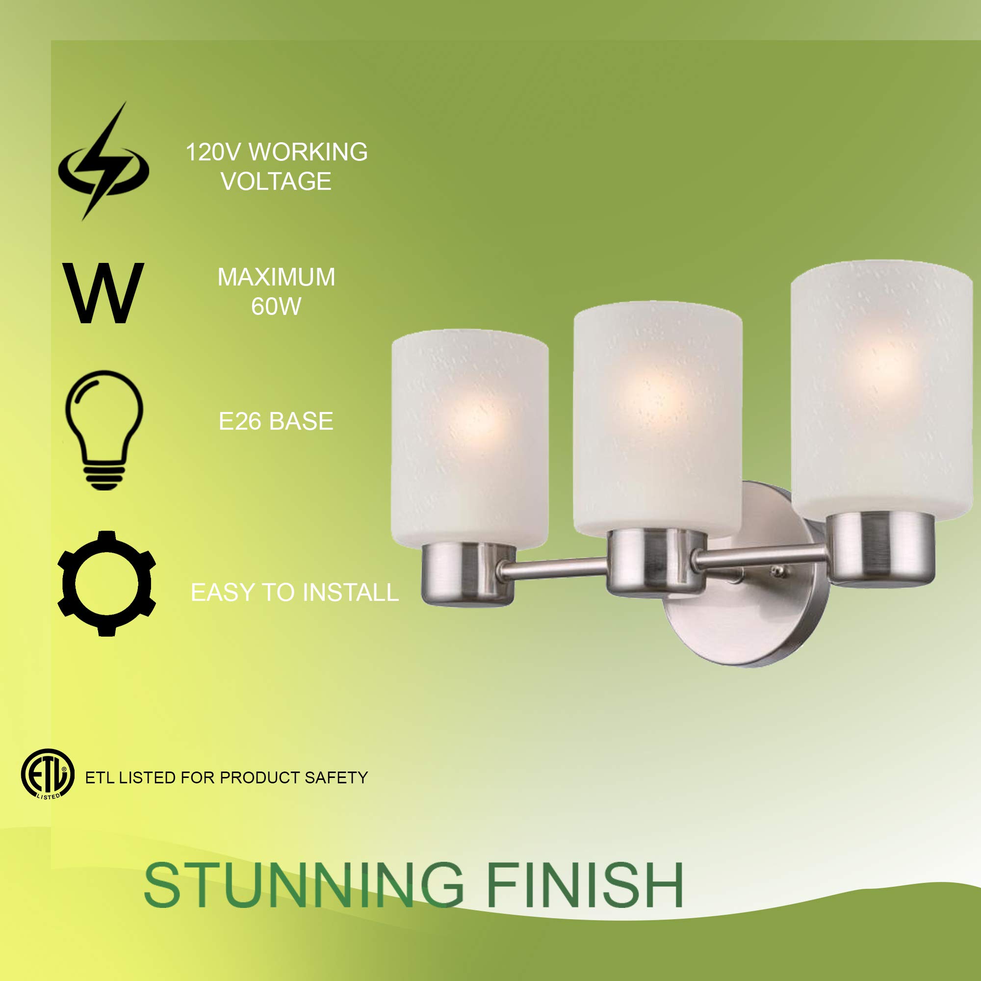 Modern 3-Light Bathroom Vanity Light Fixture - Brushed Nickel Finish with Frosted Seeded Glass - Wall Sconce Lighting for Bathroom, Bedroom & Dressing Room - Perfect for Vanity Mirror Illumination and Ambient Lighting