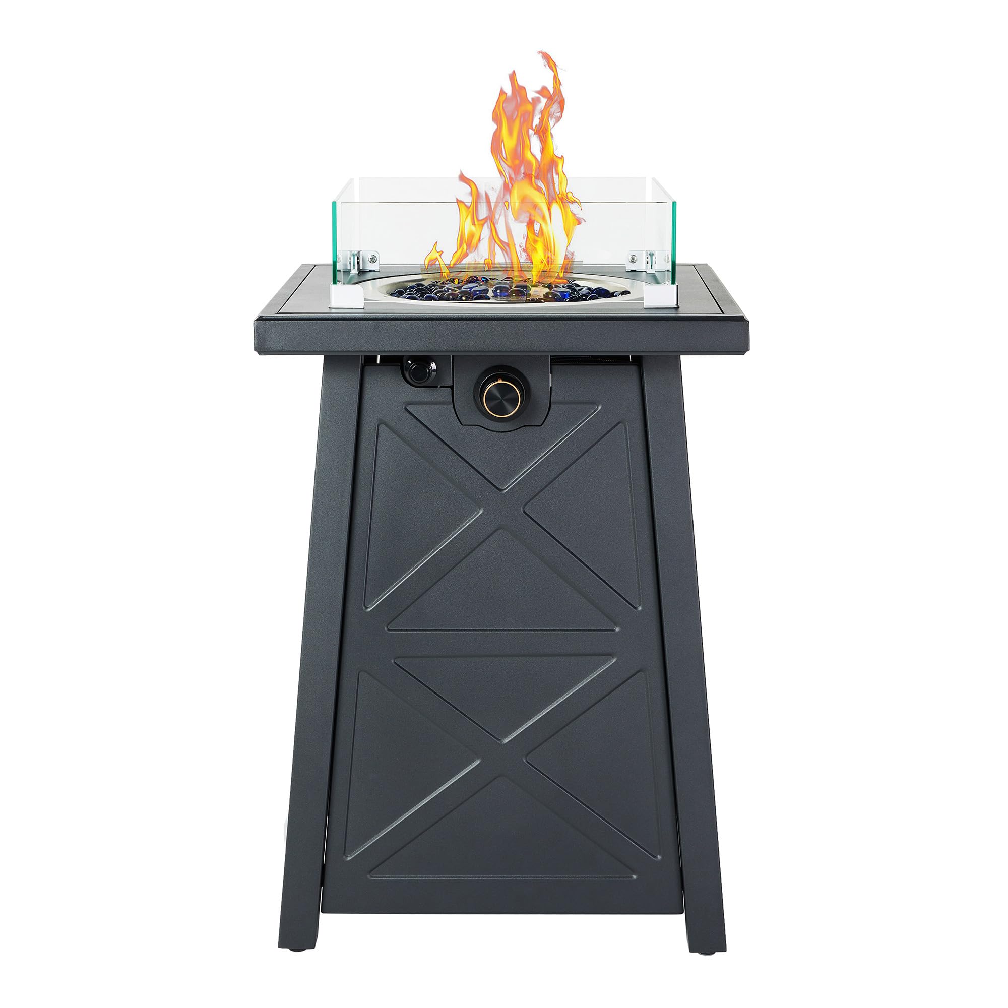 19.5 Inch Steel Outdoor Gas Fire Pit - 40,000 BTU Modern Patio Fireplace with Glass Rocks, Cover & Wind Guard - Perfect for Backyard, Deck, Garden & Poolside Gatherings