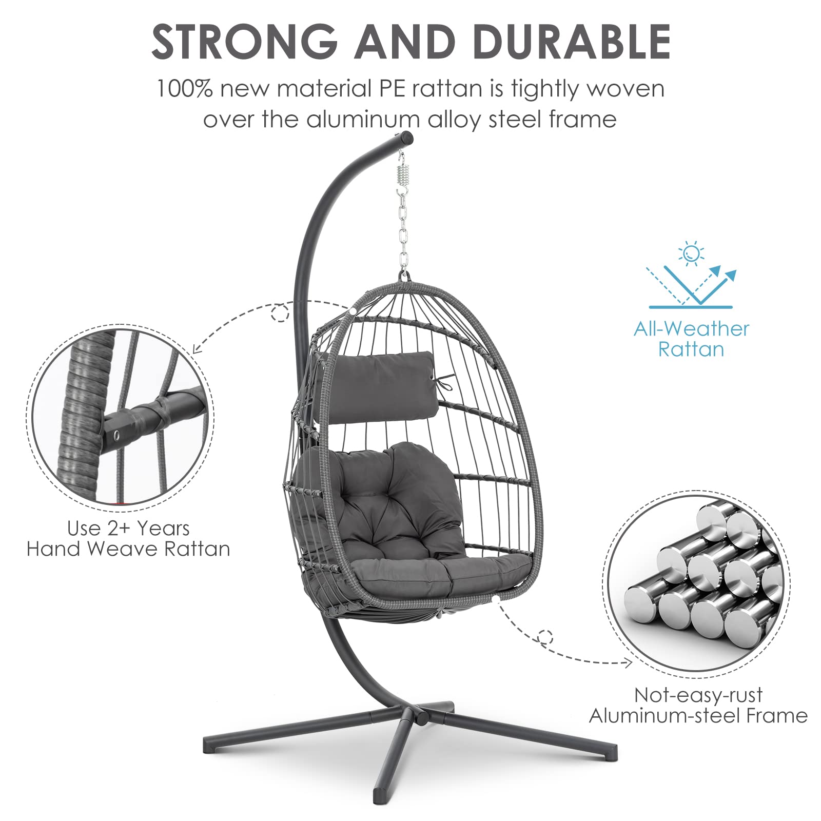 Brafab Swing Egg Chair - Handmade Wicker Rattan Hanging Hammock with Aluminum Frame & UV-Resistant Cushion - 350LBS Capacity - Perfect for Indoor, Outdoor, Patio, Porch, Bedroom & Garden Relaxation