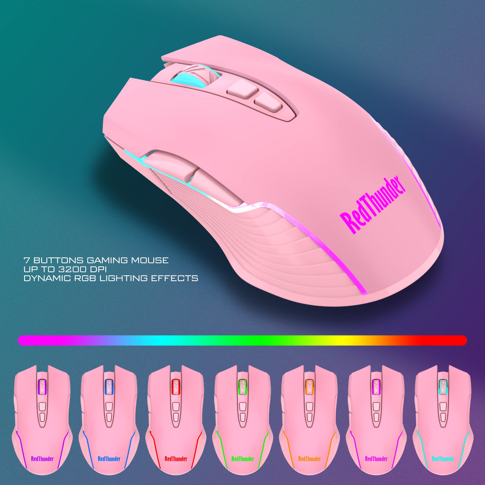 RedThunder K10 Wireless Gaming Keyboard & Mouse Combo - LED Backlit, Rechargeable for PC Gamers (Pink) - Perfect for Esports & Late Night Gaming