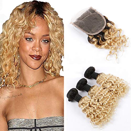 Zara Hair Deep Curly Ombre 1B/613 Blonde Human Hair Bundles with Lace Closure - Dark Roots Blonde Ombre Virgin Peruvian Deep Wave Hair Weaves (10
