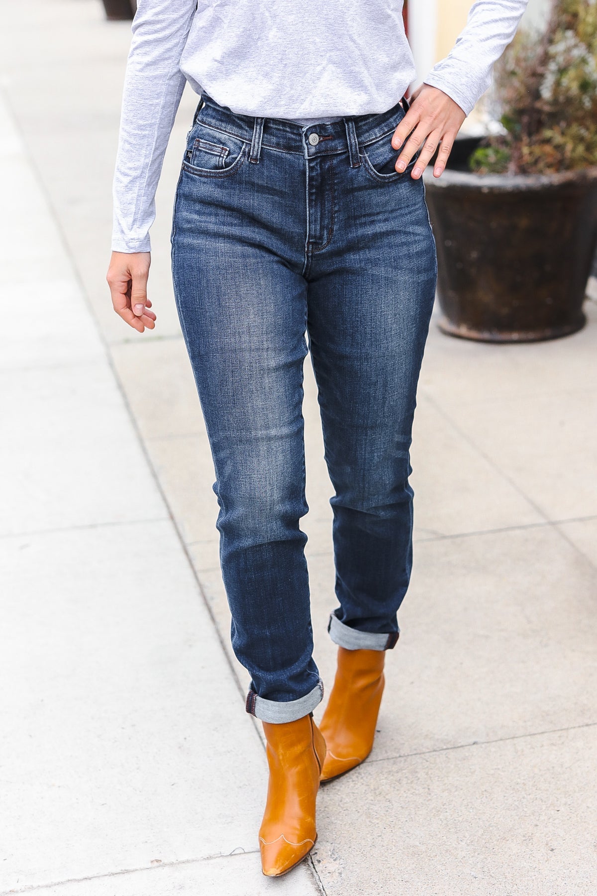 Judy Blue Dark Wash Mid Rise Cuffed Slim Fit Jeans for Women | Comfortable Stretch Denim Pants | Perfect for Casual Wear, Office & Date Night
