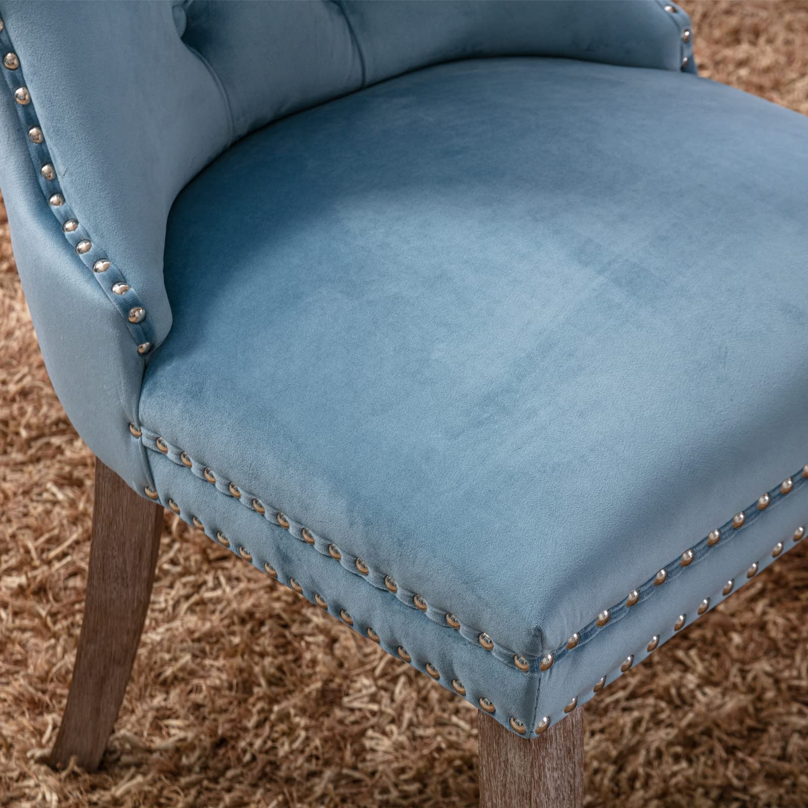 Rhomtree Set of 2 Velvet Dining Chairs - Luxury Tufted Back with Nailhead Trim, Solid Rubber Wood Legs (Light Blue) - Perfect for Kitchen, Dining Room & Home Decor