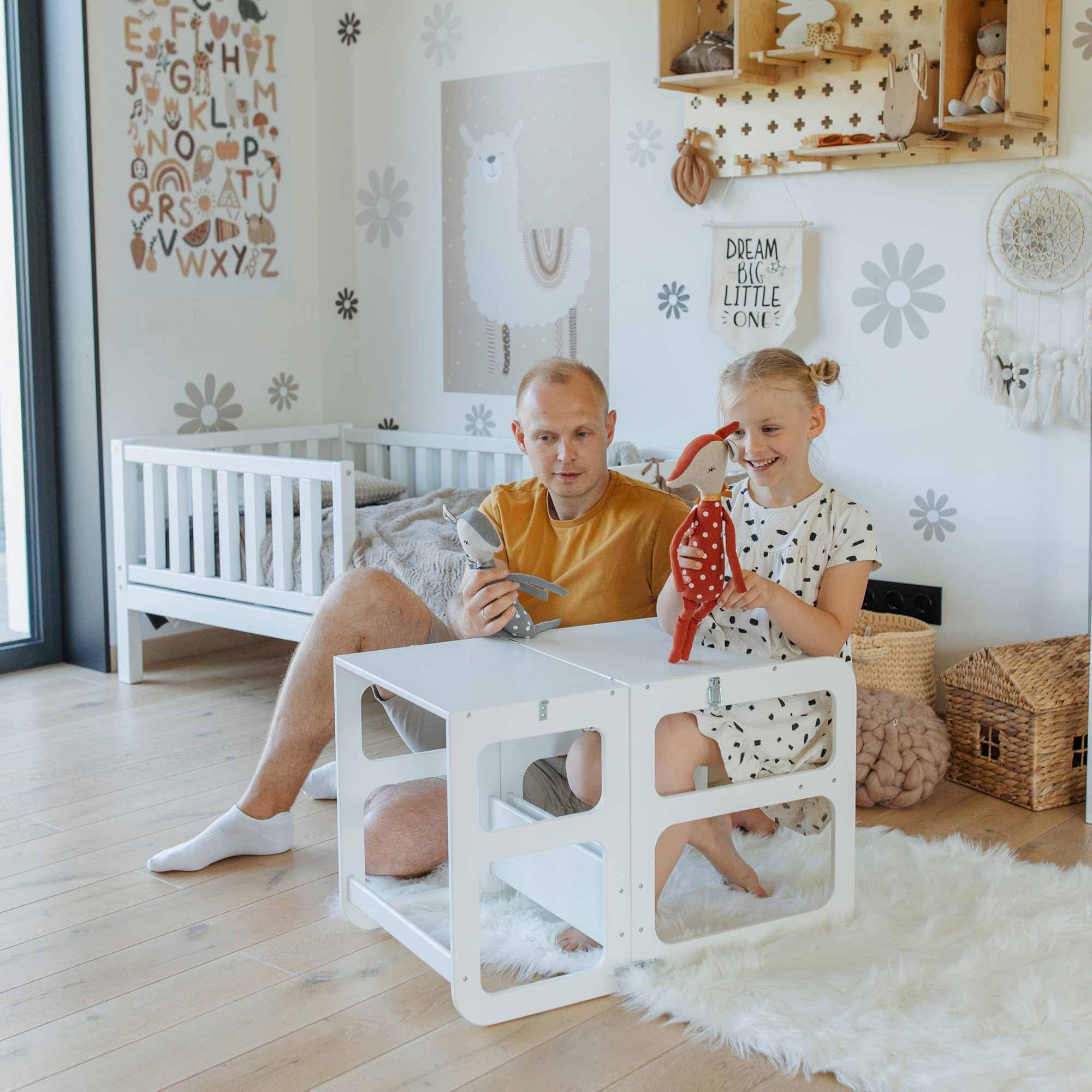 2-in-1 Convertible Kitchen Tower & Step Stool for Toddlers - Adjustable Learning Tower with Safety Rail - Montessori Weaning Table & Chair Set for Kids - Perfect for Baking, Cooking & Playtime Activities