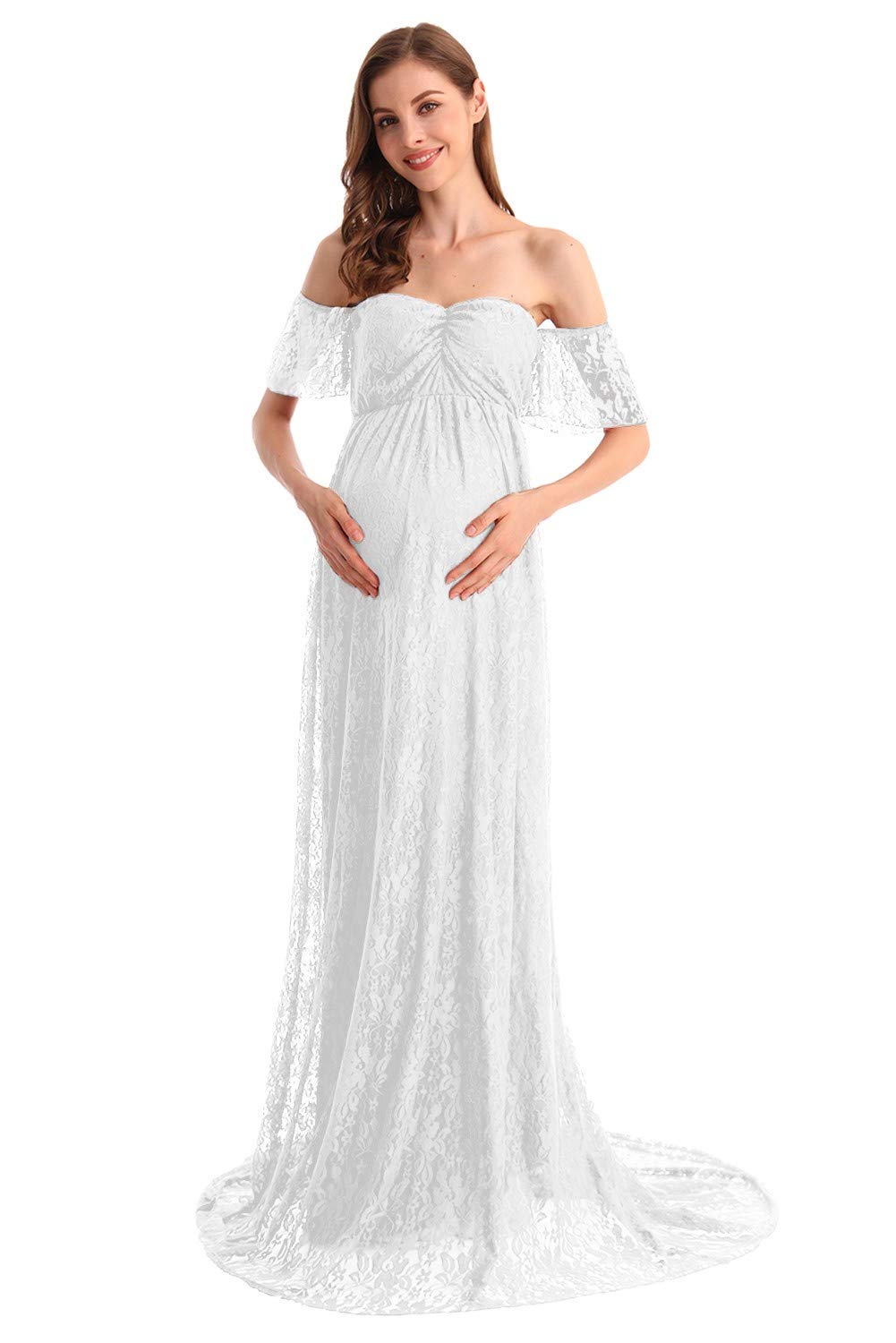 HIHCBF Women's Bohemian Lace Maternity Wedding Dress - Off-Shoulder Ruffle Sleeves for Baby Shower, Pregnancy Photo Shoot & Beach Maternity Gown - Perfect for Maternity Photoshoots, Beach Weddings & Special Occasions