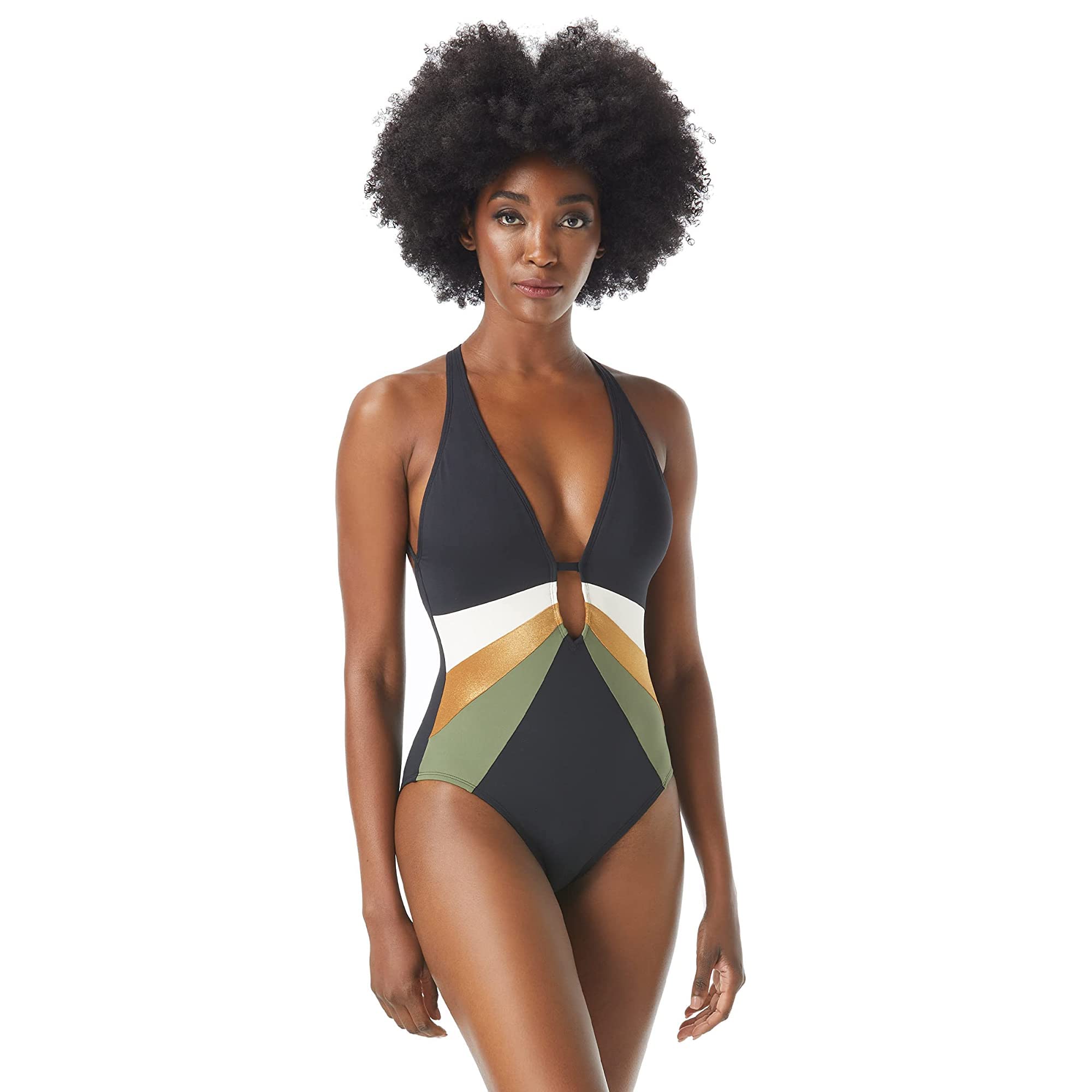 Vince Camuto Gold Shimmer Plunge One-Piece Swimsuit | Sexy High Cut Bathing Suit for Women | Perfect for Beach Vacations, Pool Parties & Summer Getaways