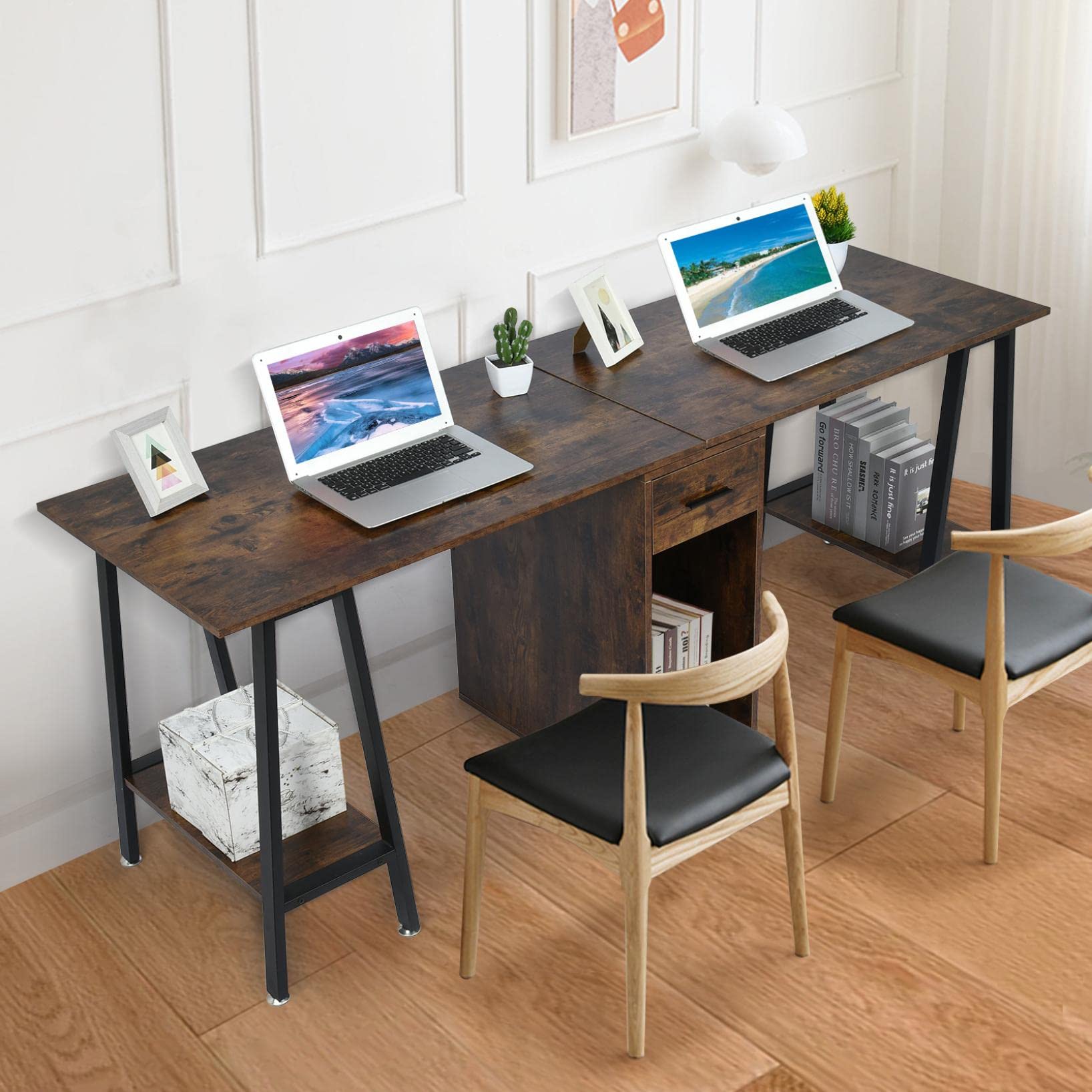 2 Person Computer Desk with Storage Shelves - Extra Long Double Workstation for Home Office, Study or Gaming (Brown) - Perfect for Couples, Roommates & Shared Workspaces