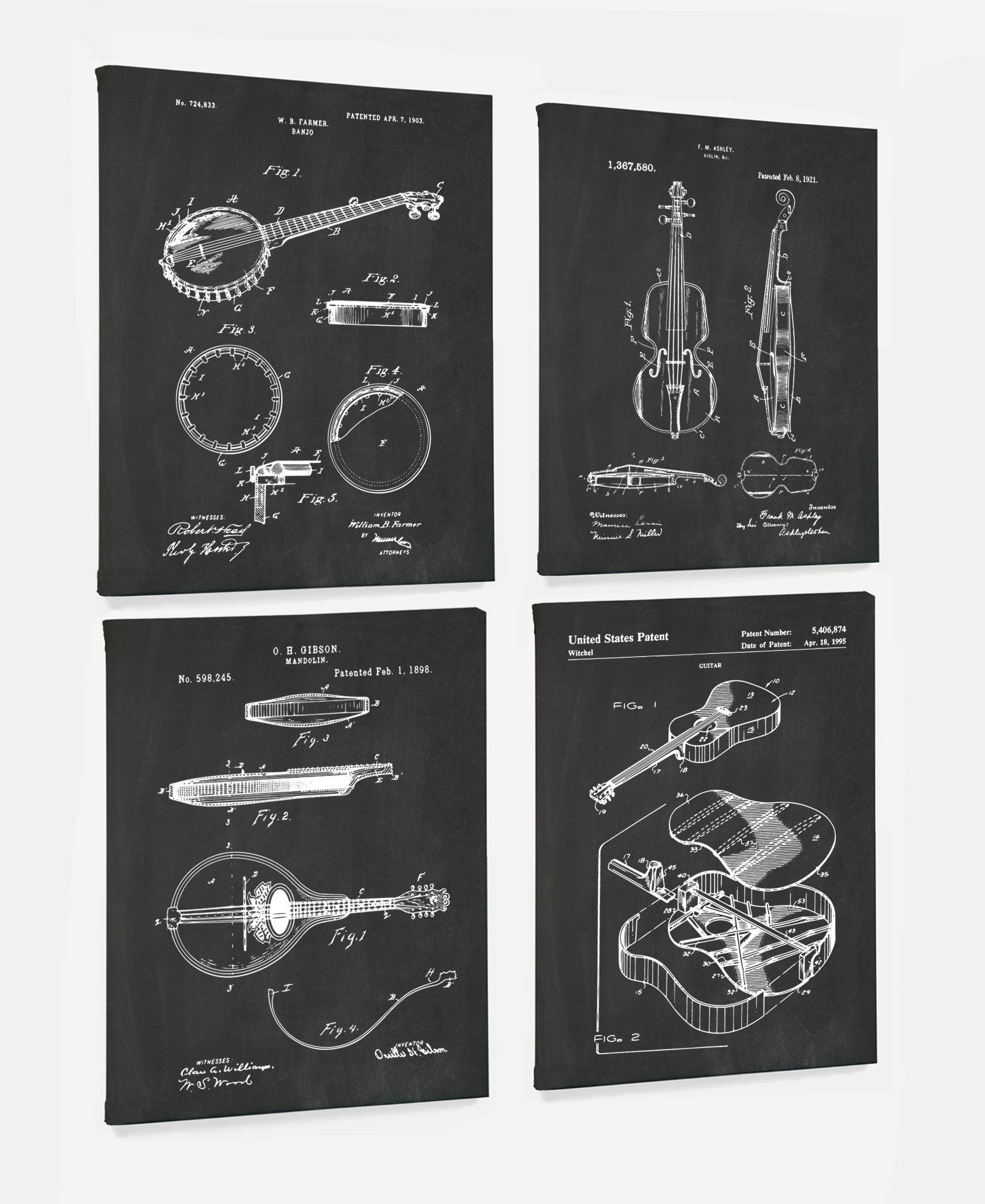 Bluegrass Music Patent Poster Art - Vintage Guitar Banjo Mandolin Fiddle Wall Decor - Set of 4 (11x14 Inch Canvas Prints) - Perfect for Music Room, Studio, Bar & Country Home Decor