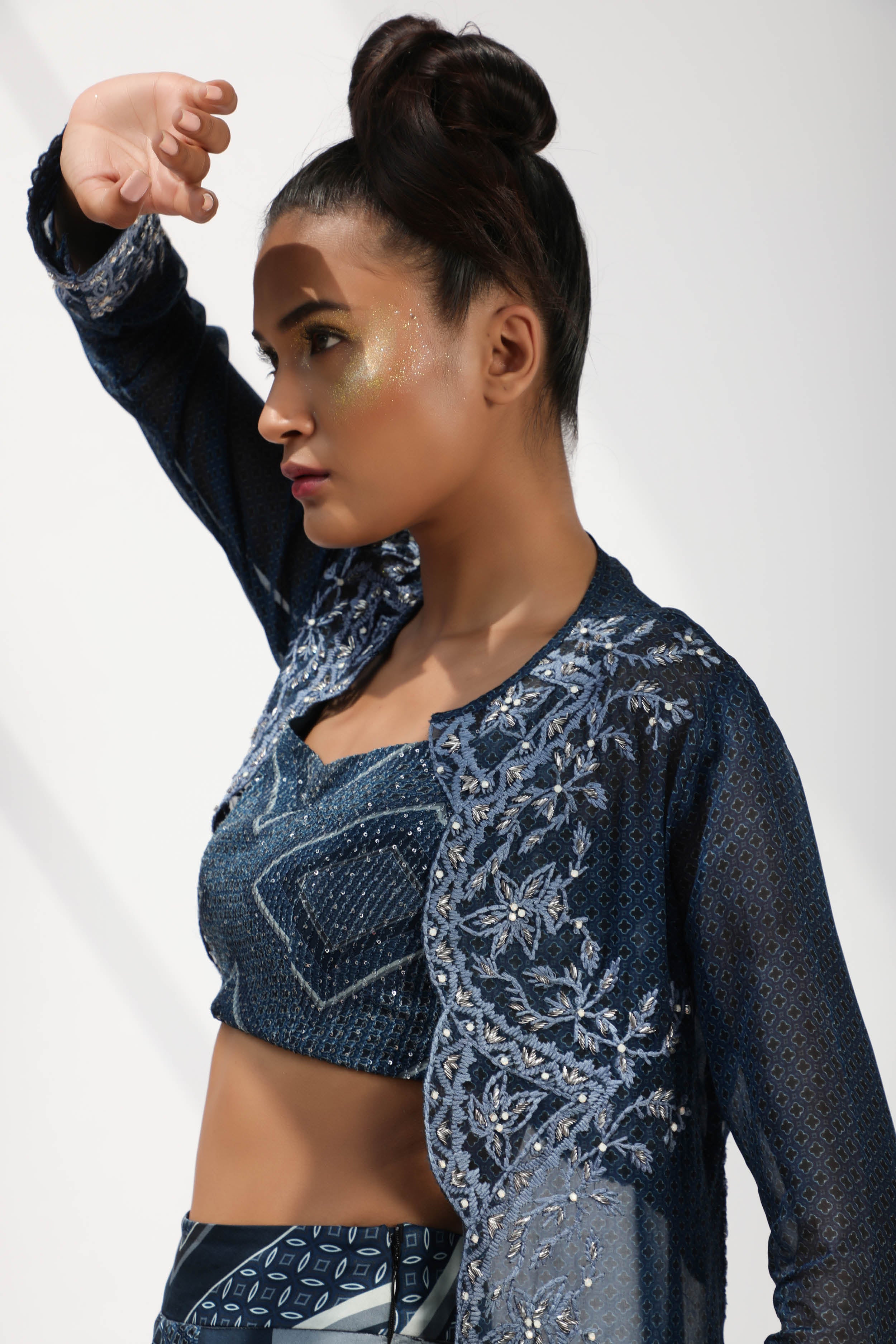 Elegant Indigo Blue Organza Quatrefoil Print Jacket with Intricate Threadwork & Box Pleated Pants Set - Georgette Crop Blouse for Women | Perfect for Weddings, Parties & Special Occasions