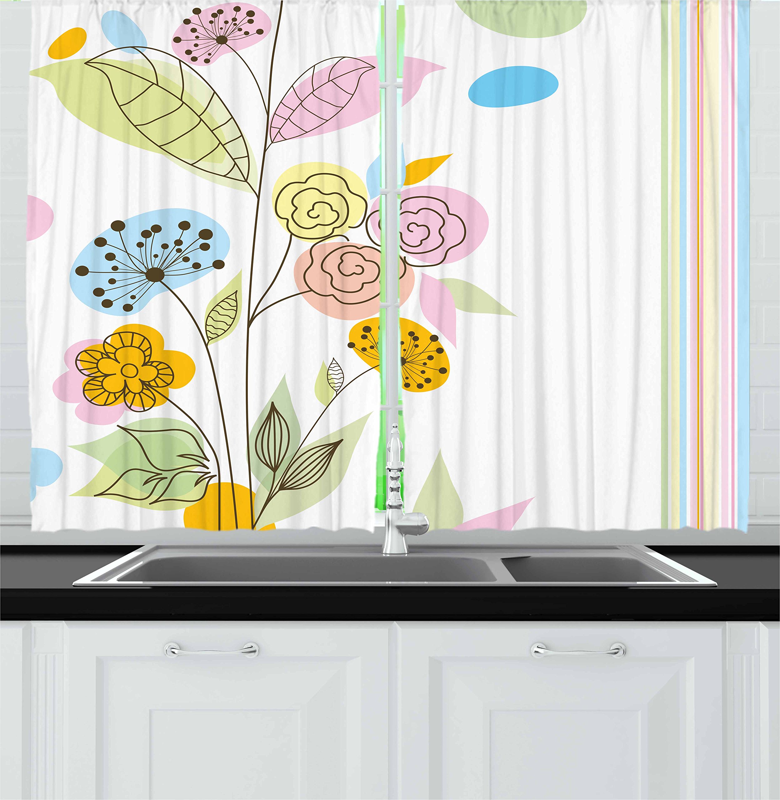 Ambesonne Dandelion Kitchen Curtains Set of 2 Panels - Colorful Wildflowers Abstract Line Art Design, 55