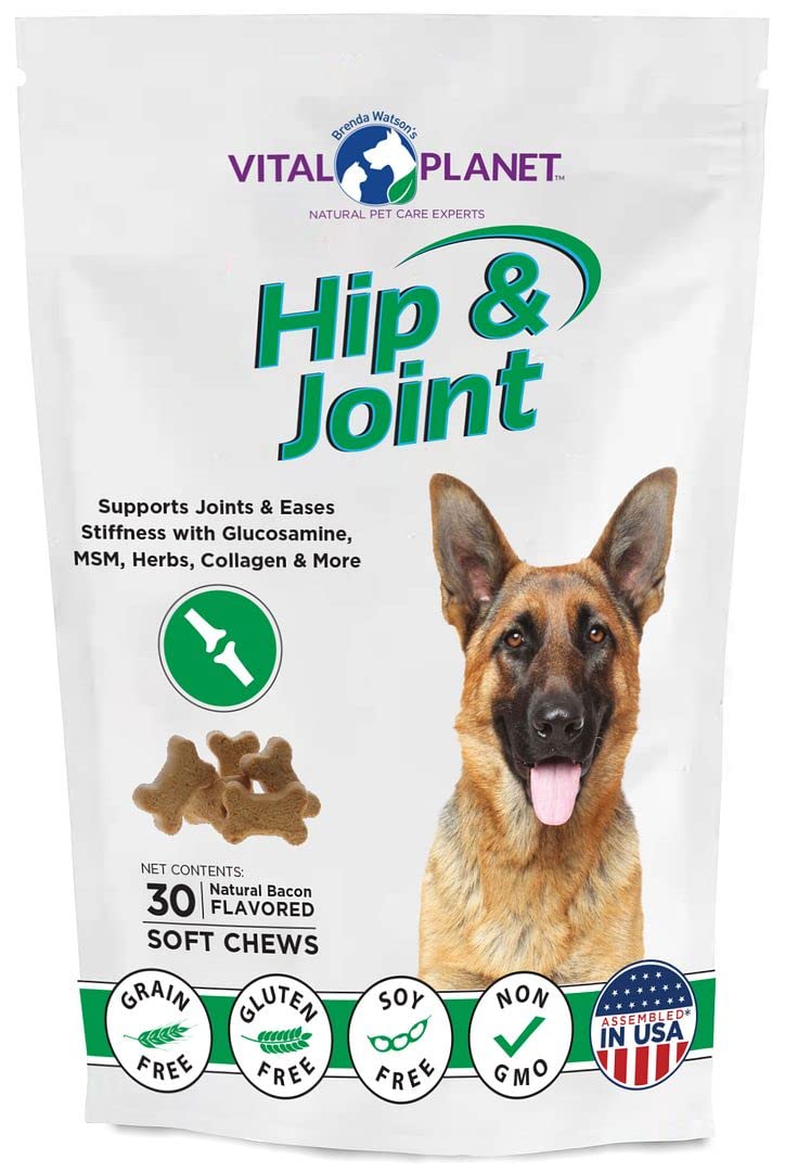 Vital Planet Hip & Joint Soft Chews for Dogs - Glucosamine, MSM & Collagen Supplement with Green-Lipped Mussel - Bacon Flavored Dog Treats (30 Count) - Supports Mobility & Joint Health for Active & Senior Dogs