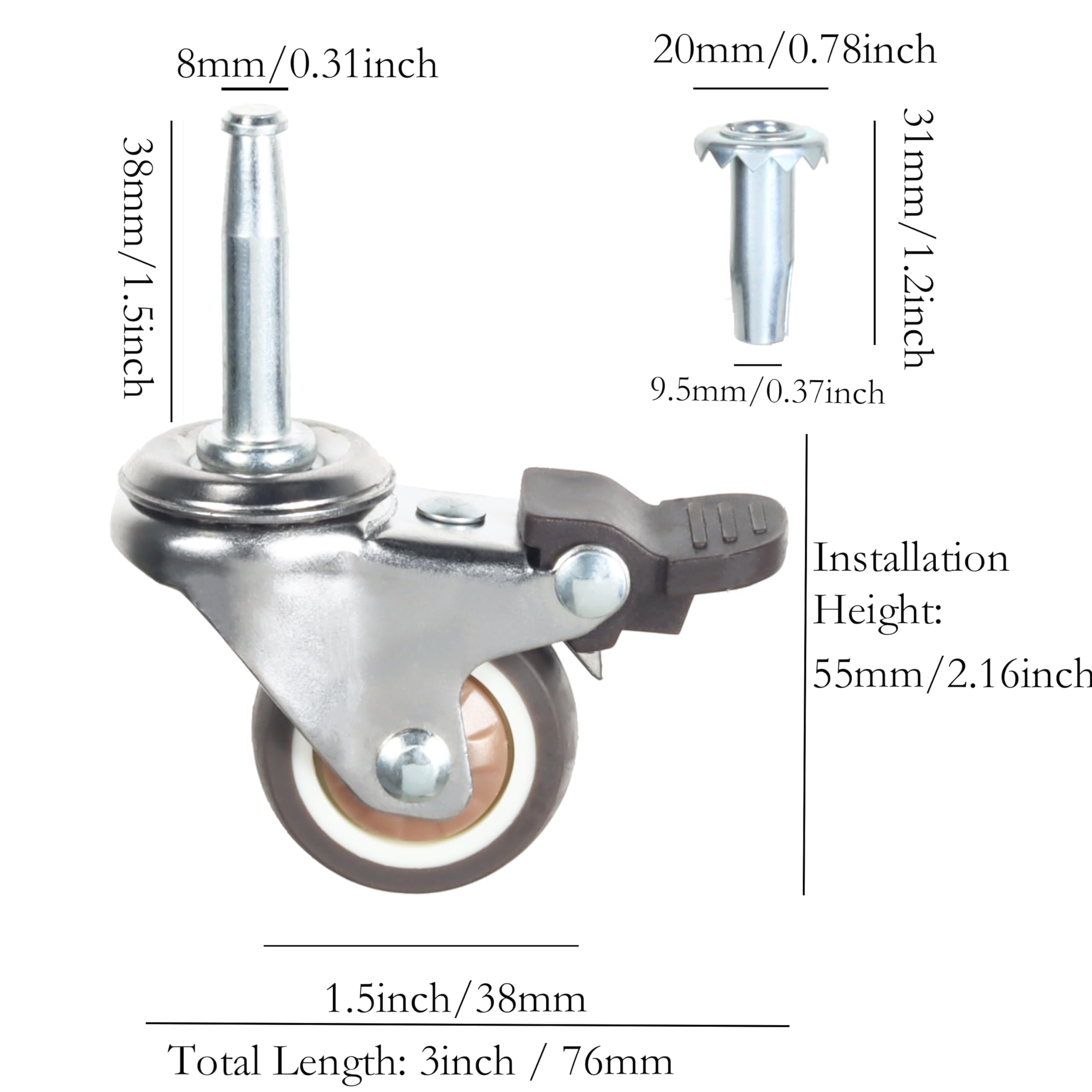 Heavy Duty Stem Caster Wheels 1.5 inch with Brakes - 5/16