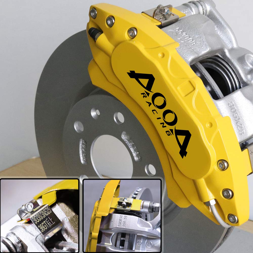 AOOA Yellow Brake Caliper Covers with Black Lettering - Set of 4 - Fits Ford Mustang Ecoboost Models - Perfect for Car Enthusiasts & Performance Upgrades