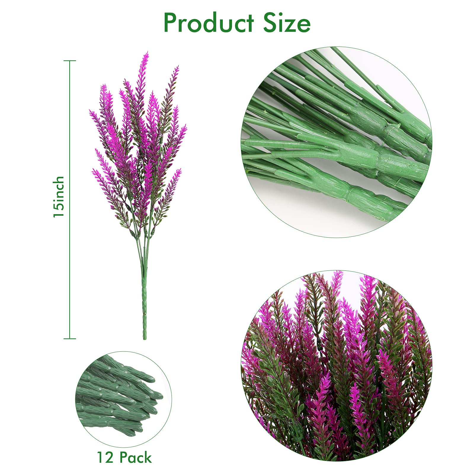 12 Pack Artificial Lavender Flowers - UV Resistant Faux Plastic Plants for Outdoor Garden, Porch & Window Box Decor - Fade Proof Fushia Fake Flowers (Perfect for Wedding Centerpieces, Home Decor & Landscaping)