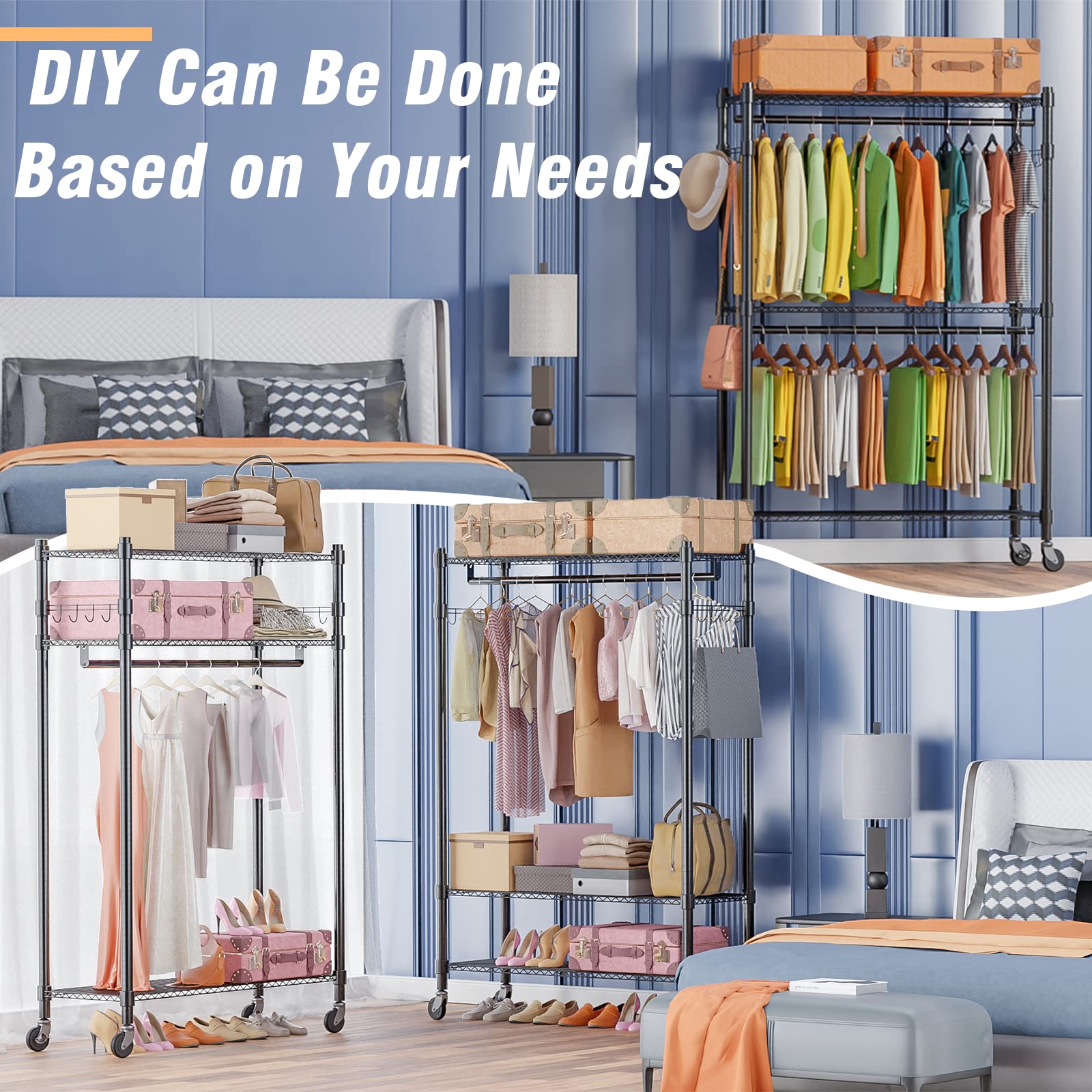 Homdox Heavy Duty Rolling Garment Rack with Double Rod & Shelves - 450 LBS Capacity Lockable Wheels & Hanging Hooks | Portable Free Standing Wardrobe Storage for Closet Organization, Bedroom, Laundry Room or Retail Store Display