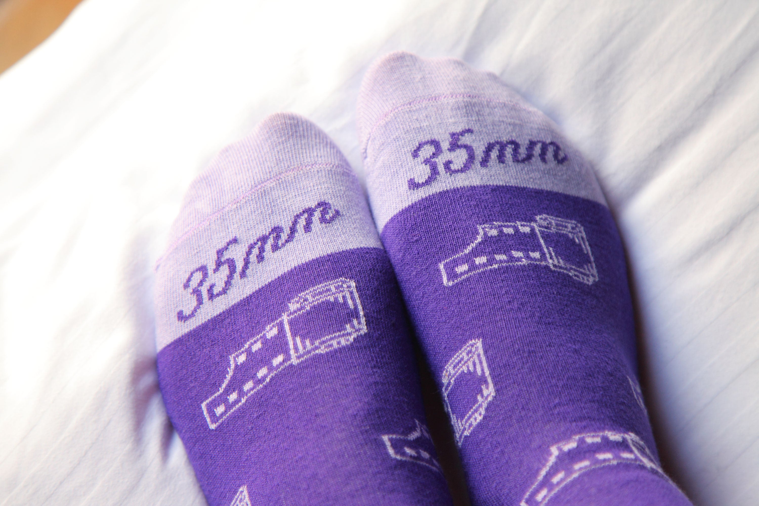 35mm Film Socks - Purple Fringe Knee High Socks for Women | Vintage Camera Photography Enthusiast Gift | Perfect for Cosplay, Photoshoots & Retro Fashion