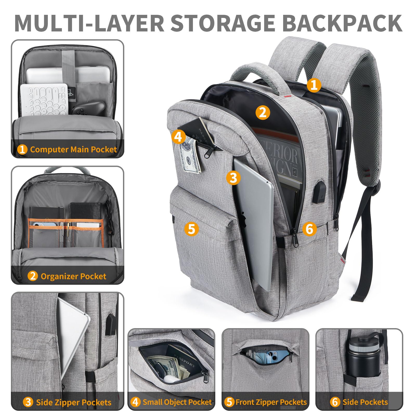 Stylish Unisex Laptop Backpack for Work & Travel - 17 Inch Gray Business Backpack with Dedicated Laptop Compartment - Perfect for Commuting, College & Casual Use - Durable Book Bag for Professionals & Students